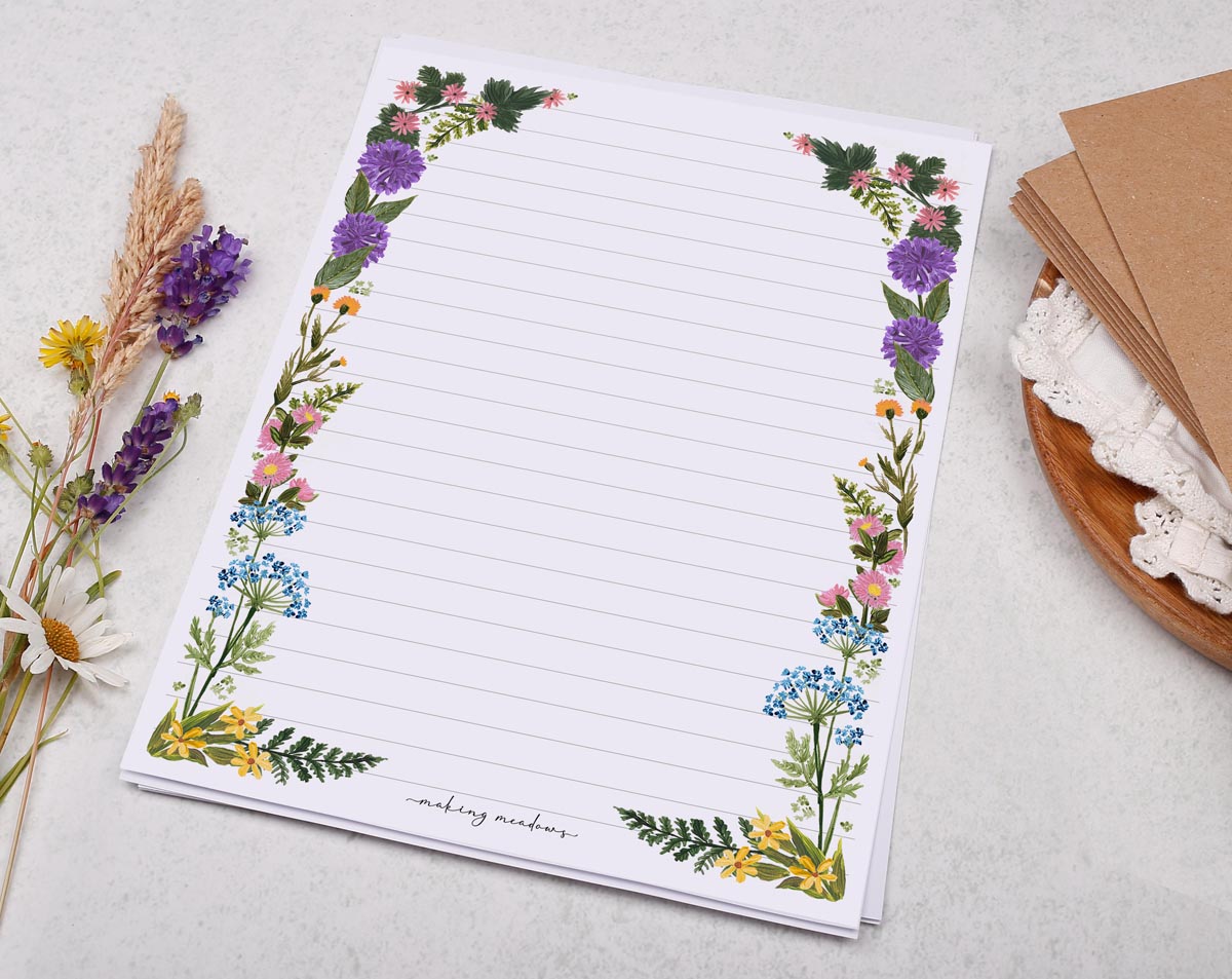 A5 writing paper with wild meadow flowers. Stationery designed by Making Meadows