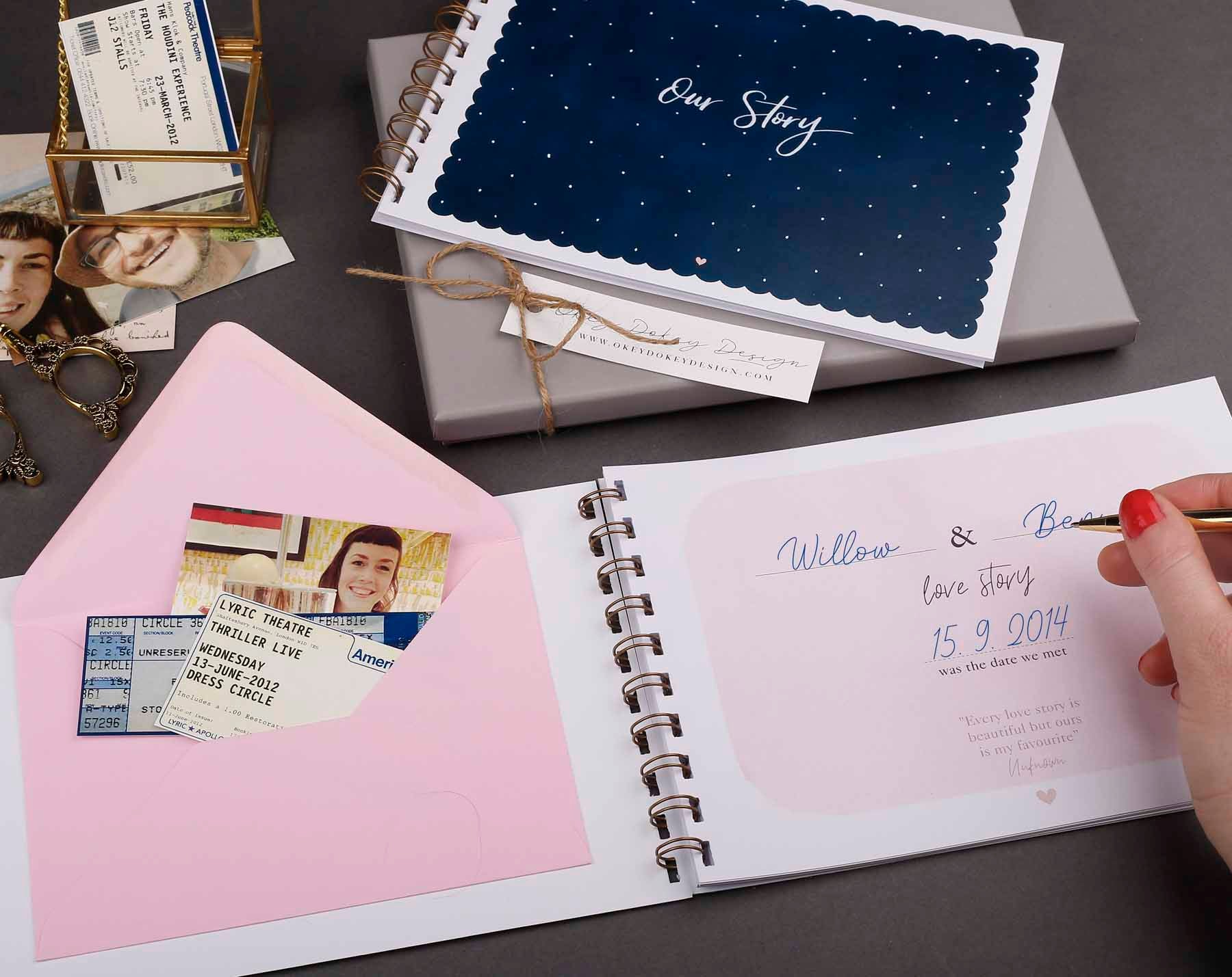 Beautiful navy polka dot 'Our Story' memory book. Scrapbooking & Stamping Kits designed by Making Meadows
