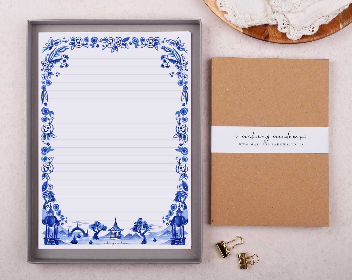 Blue Japanese Writing Paper Gift Box. Stationery designed by Making Meadows