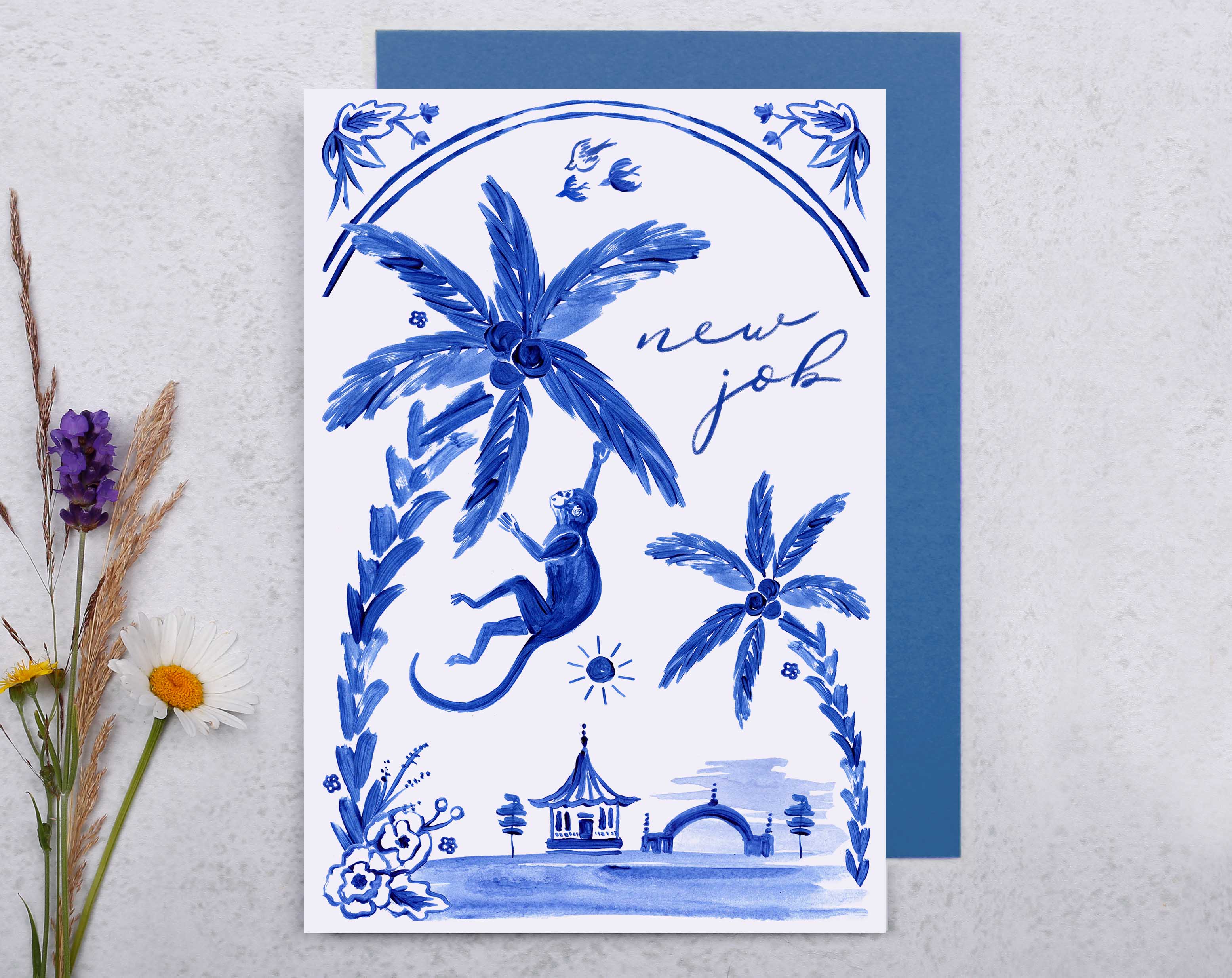Blue Porcelain Monkey New Job Card. Greeting & Note Cards designed by Making Meadows