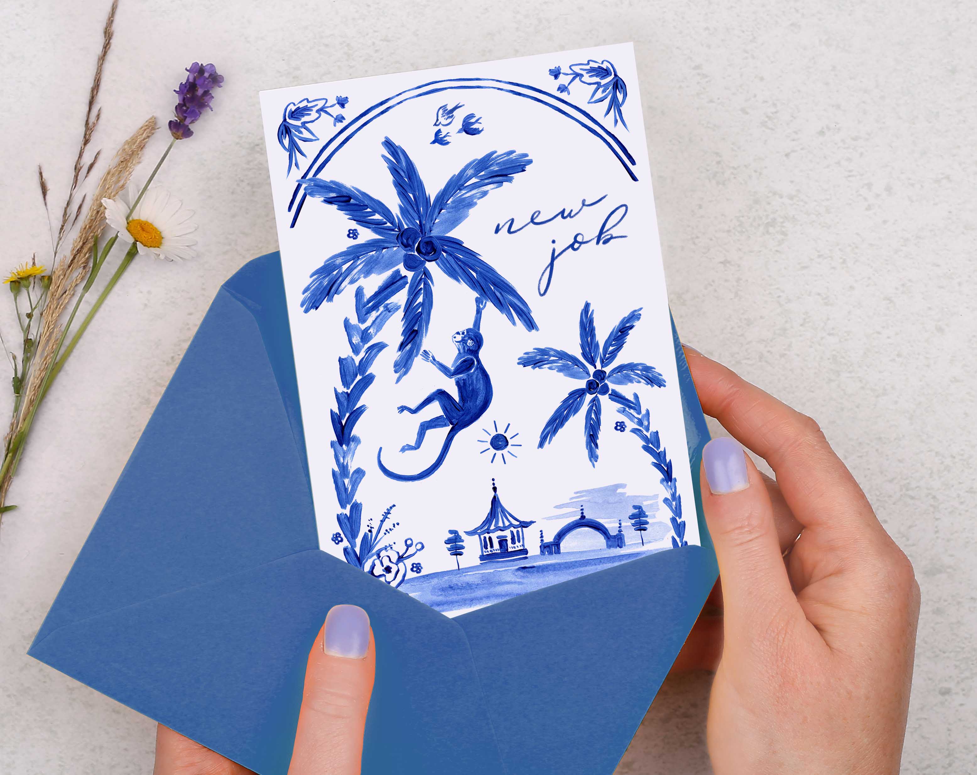Blue Porcelain Monkey New Job Card. Greeting & Note Cards designed by Making Meadows