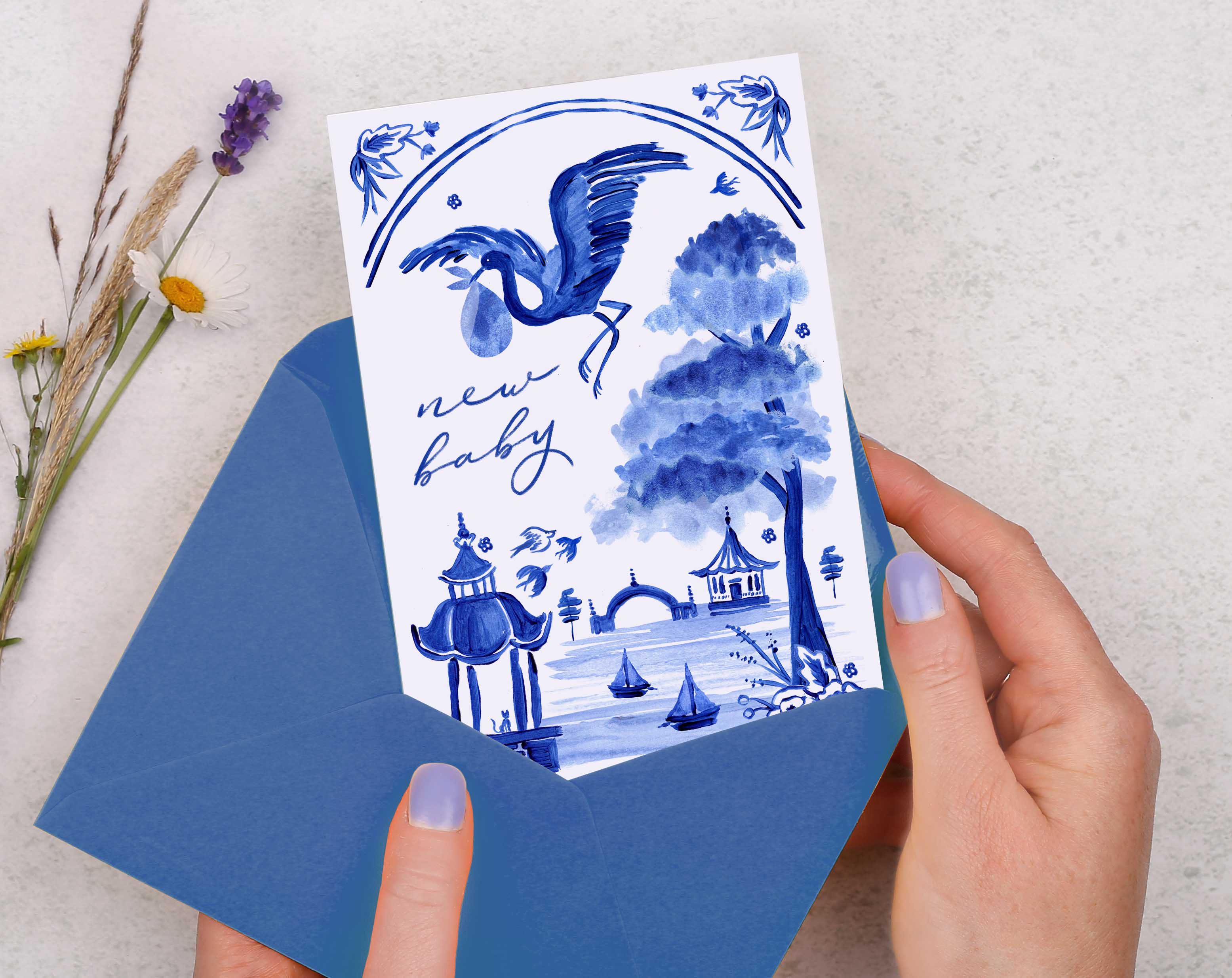 Blue Porcelain Stork New Baby Card. Greeting & Note Cards designed by Making Meadows