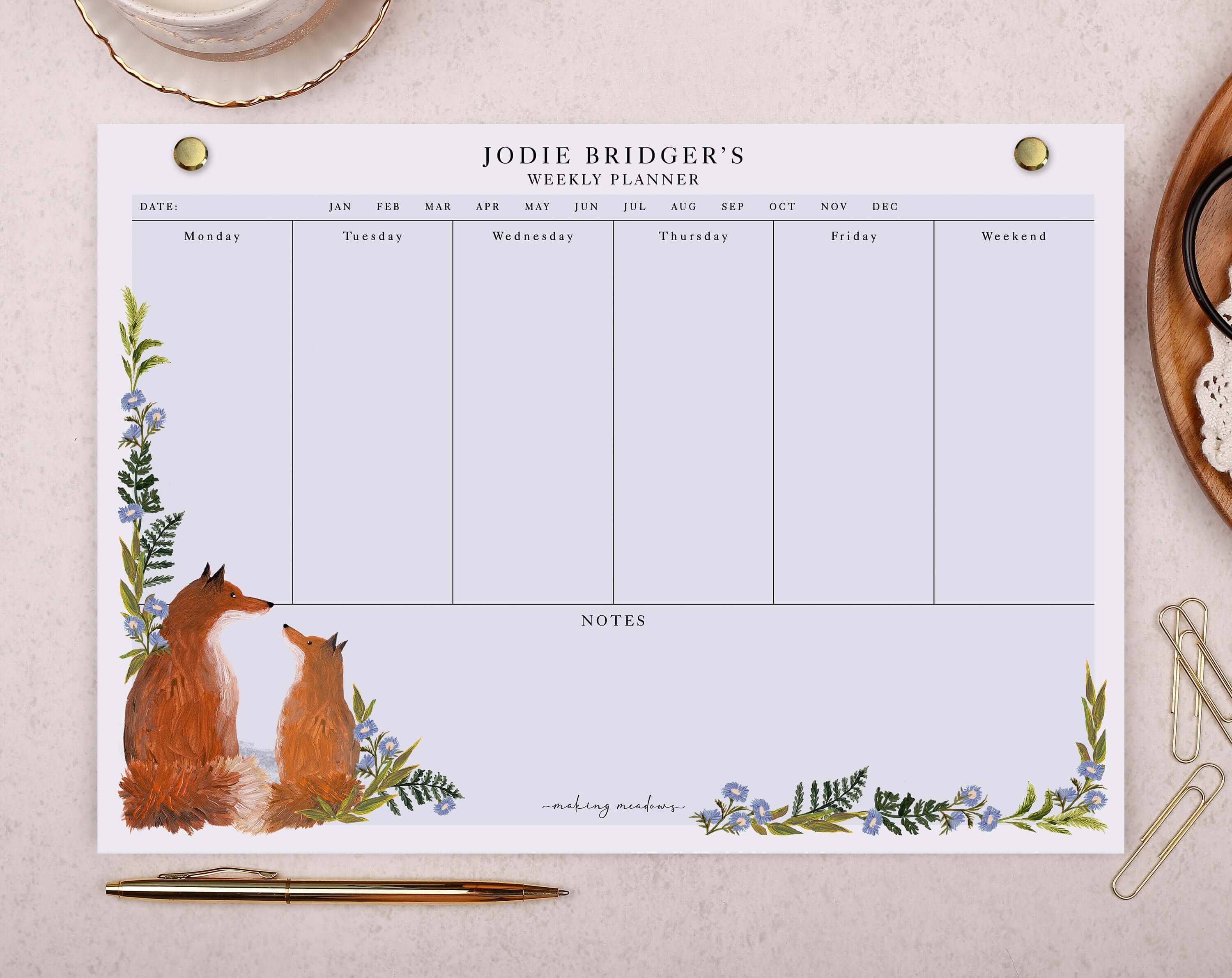 Botanical Fox Personalised Weekly Planner Pad. Planners designed by Making Meadows