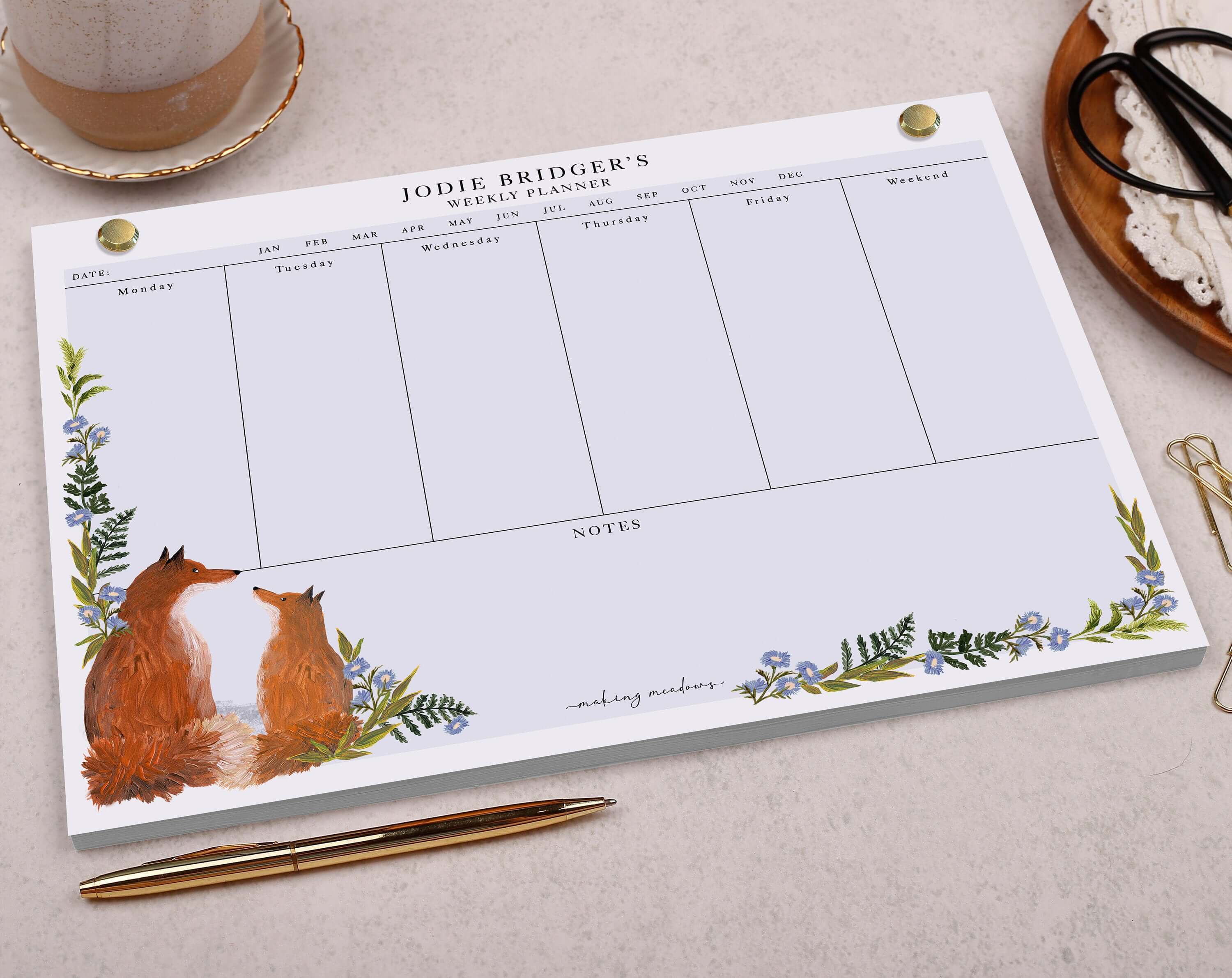 Botanical Fox Personalised Weekly Planner Pad. Planners designed by Making Meadows