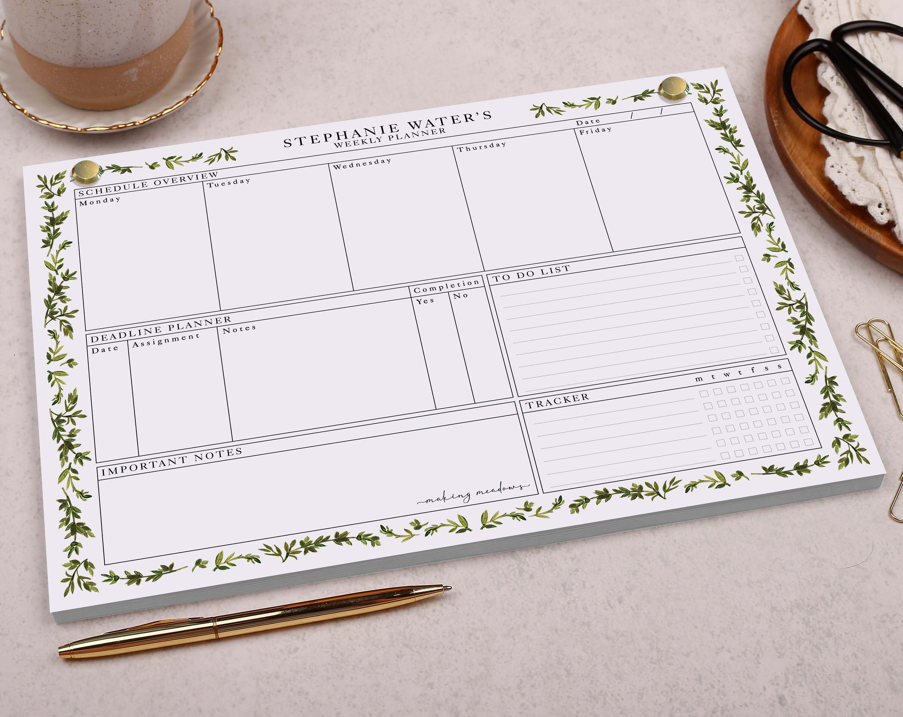 Botanical Leaf Personalised Weekly Planner Pad. Planners designed by Making Meadows