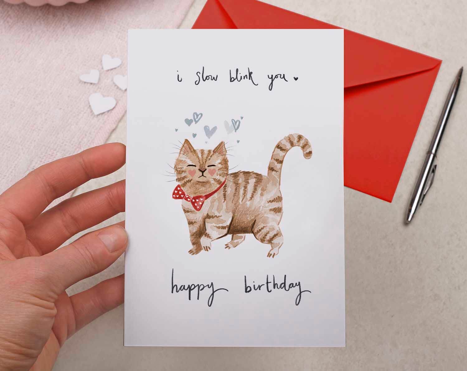 Cat 'Slow Blinking' Birthday Card. Greeting Cards designed by Making Meadows