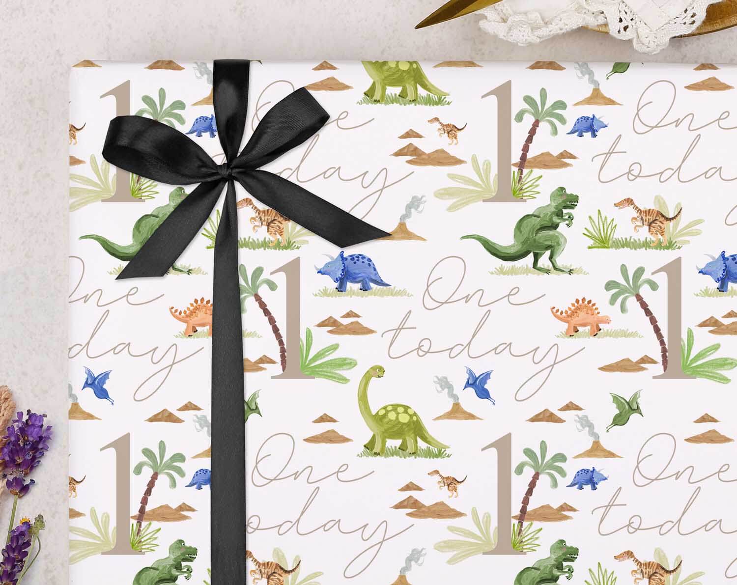 Dinosaur 1st Birthday Wrapping Paper. Wrapping Paper designed by Making Meadows