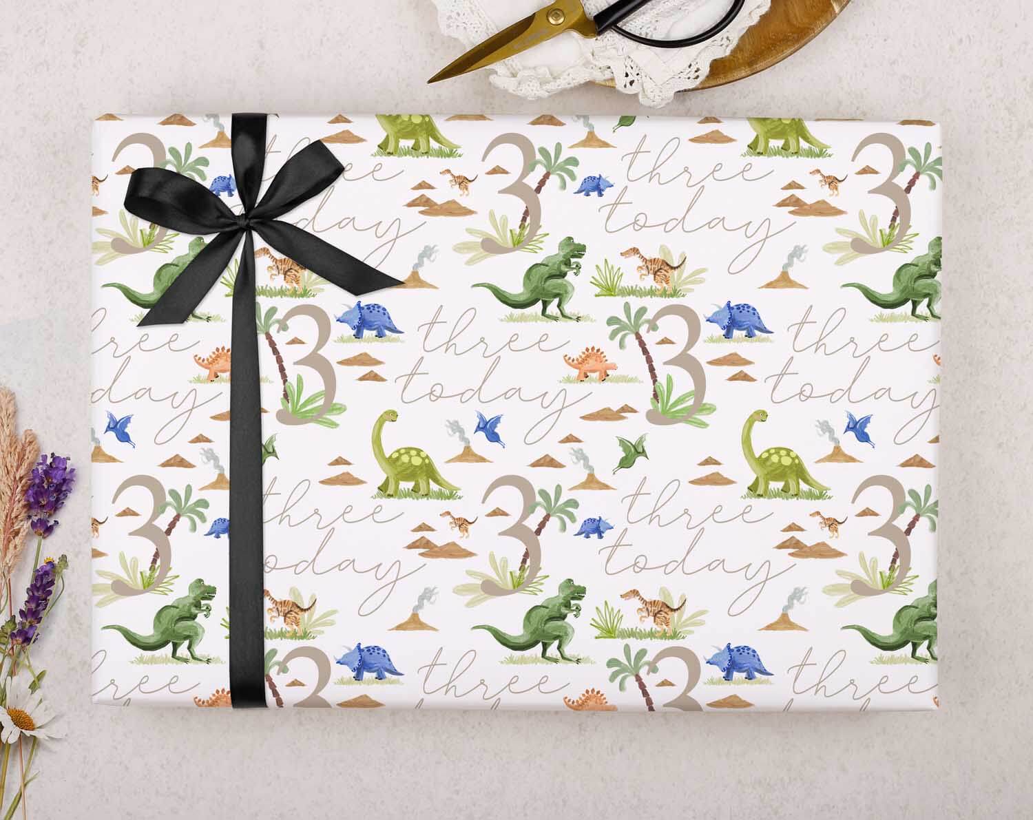 Dinosaur 3rd Birthday Wrapping Paper. Wrapping Paper designed by Making Meadows