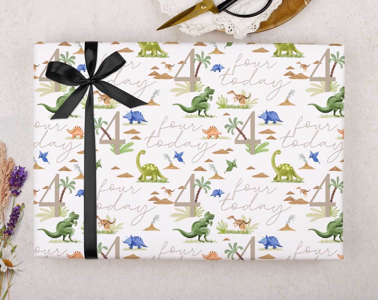 Dinosaur 4th Birthday Wrapping Paper. Wrapping Paper designed by Making Meadows