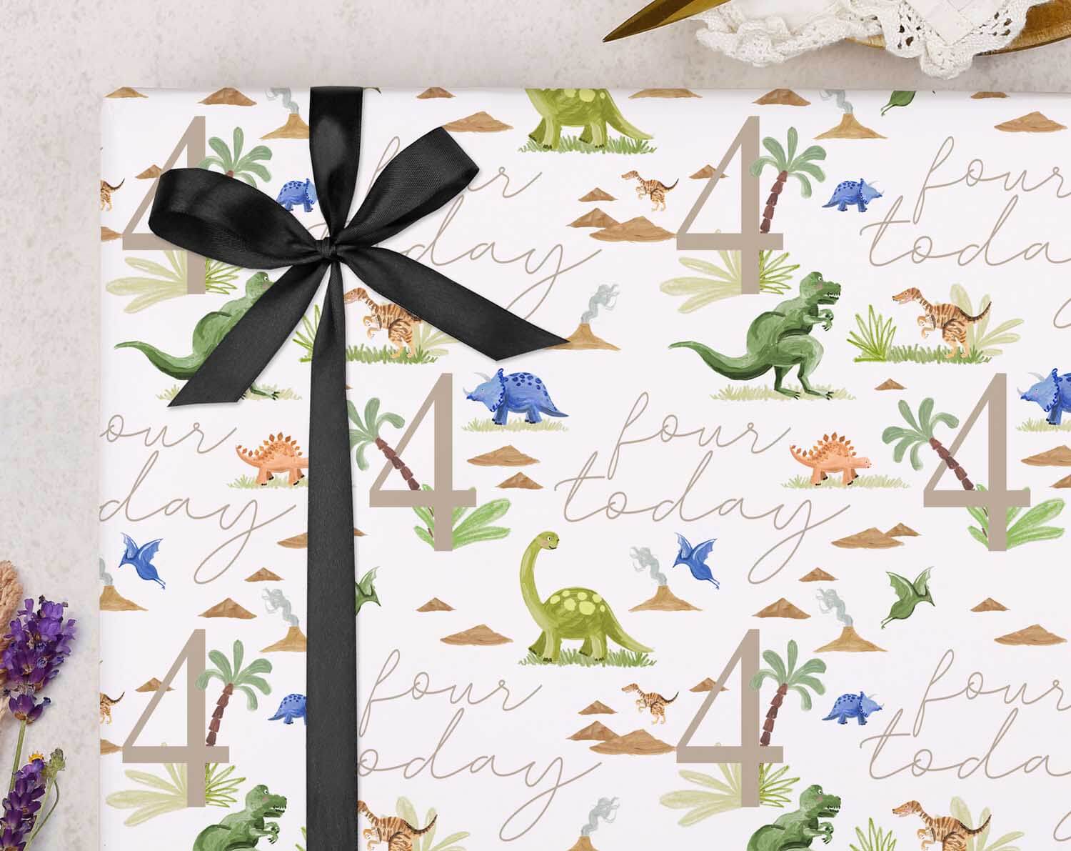Dinosaur 4th Birthday Wrapping Paper. Wrapping Paper designed by Making Meadows
