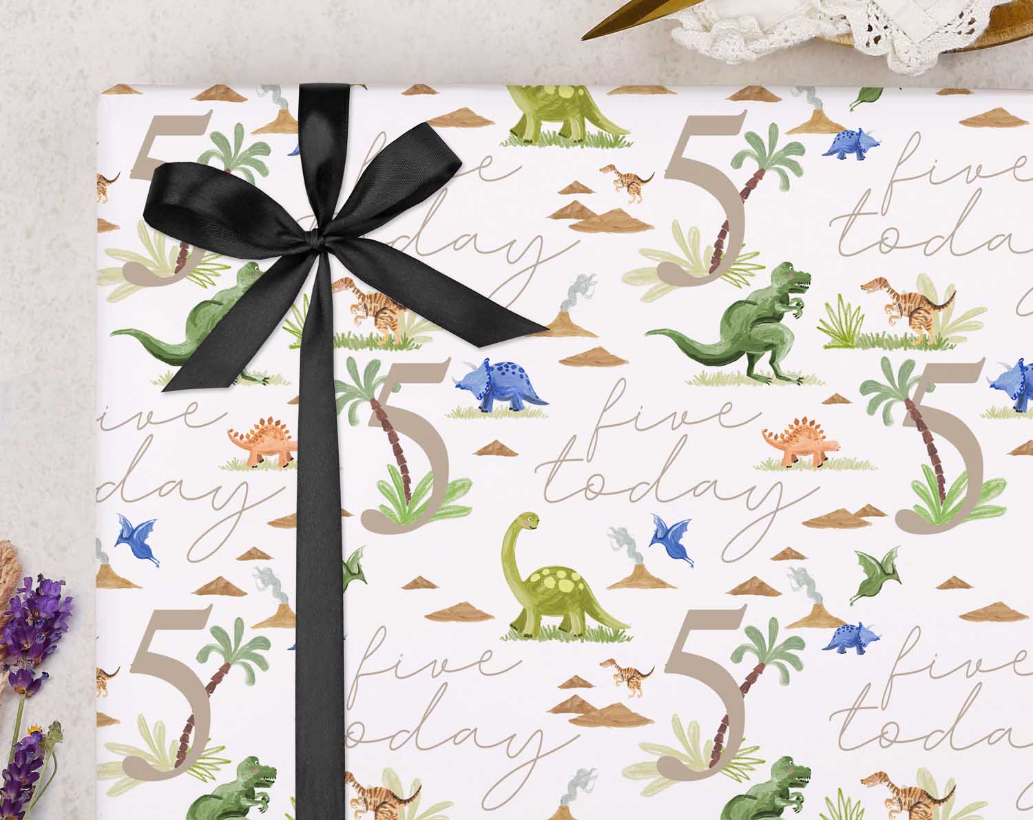 Dinosaur 5th Birthday Wrapping Paper. Wrapping Paper designed by Making Meadows