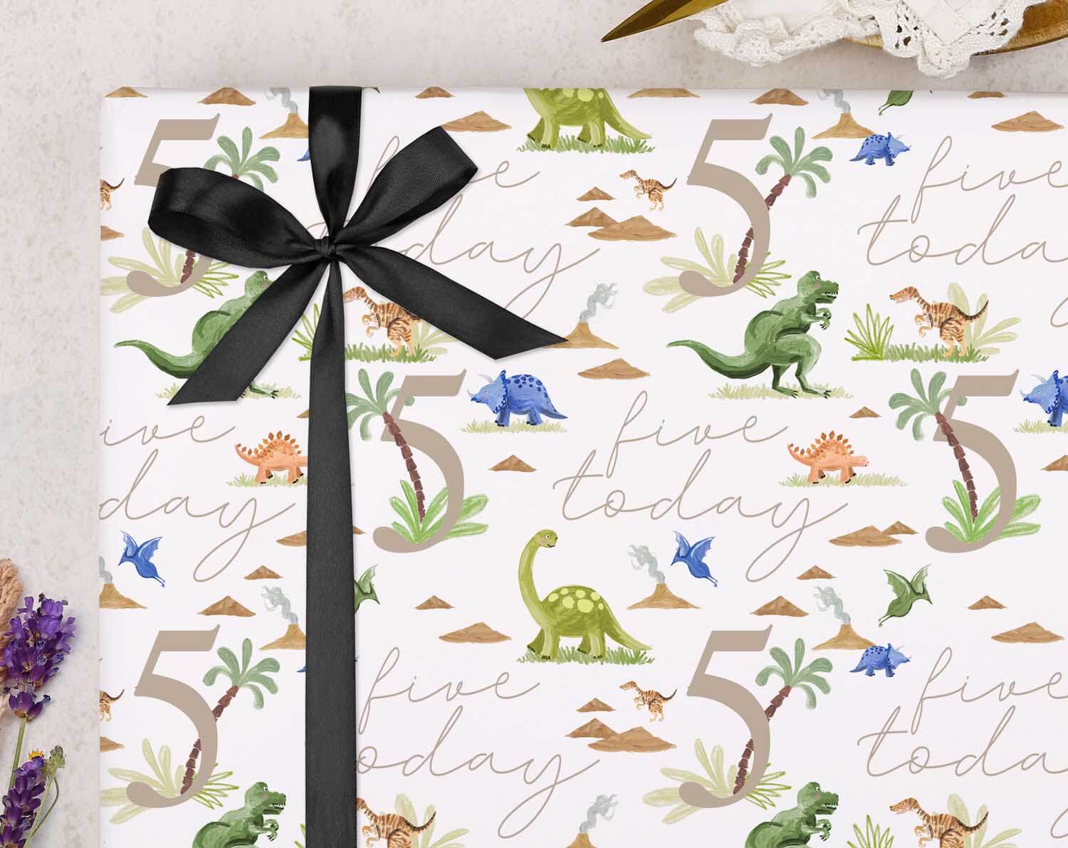 Dinosaur 5th Birthday Wrapping Paper. Wrapping Paper designed by Making Meadows