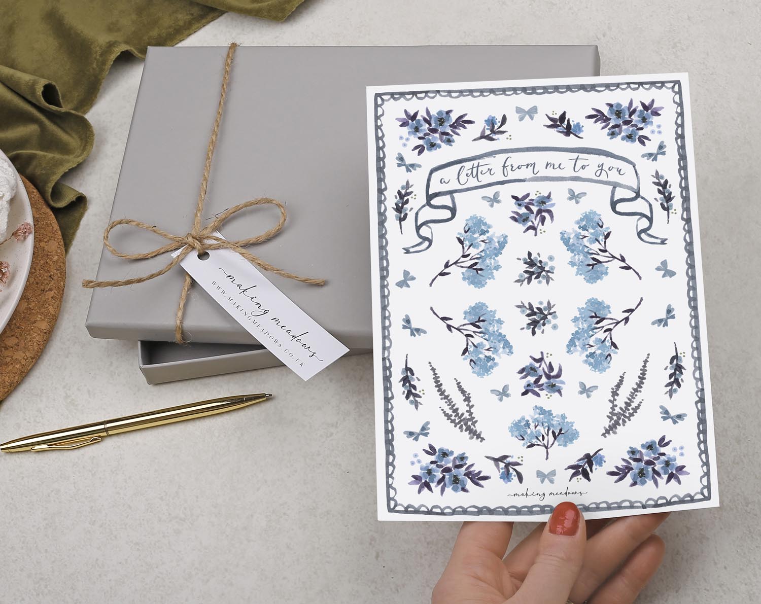 Double Sided A5 Writing Paper With Blue Flowers. Stationery designed by Making Meadows