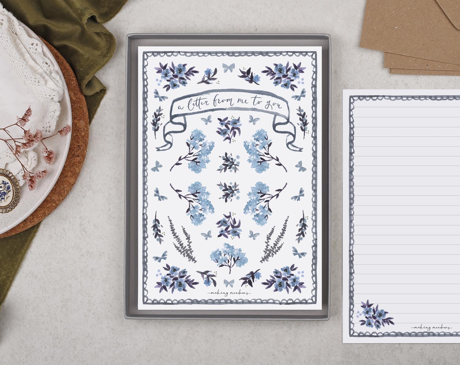 Double Sided A5 Writing Paper With Blue Flowers. Stationery designed by Making Meadows