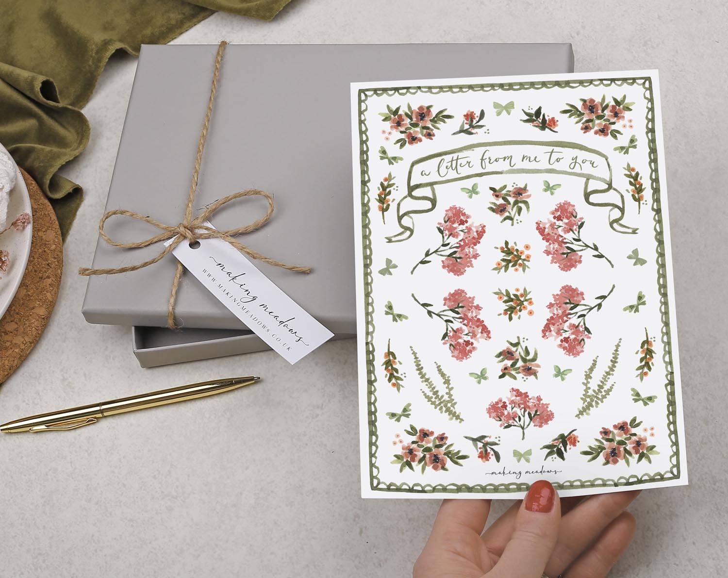 Double Sided A5 Writing Paper With Ditsy Pink Flowers. Stationery designed by Making Meadows