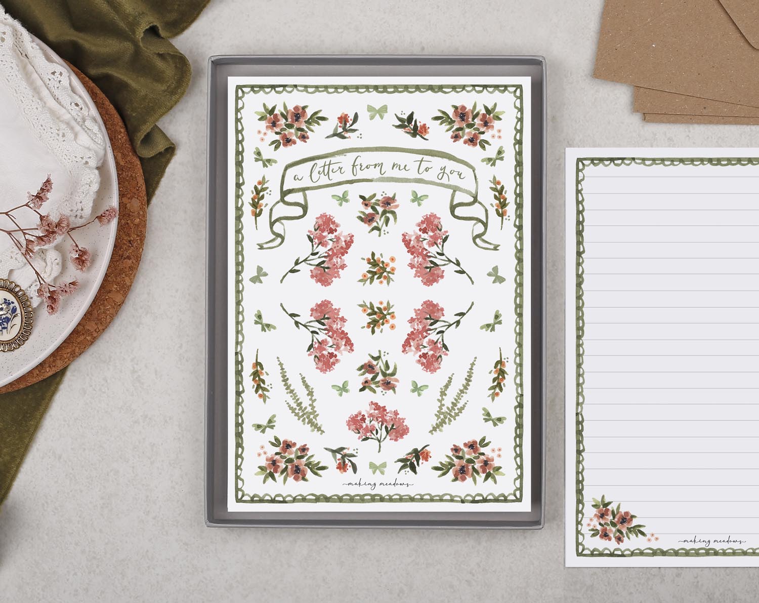 Double Sided A5 Writing Paper With Ditsy Pink Flowers. Stationery designed by Making Meadows