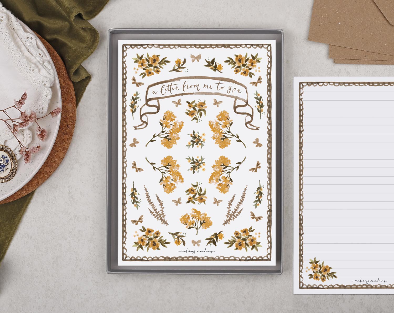 Double Sided A5 Writing Paper With Orange Flowers. Stationery designed by Making Meadows