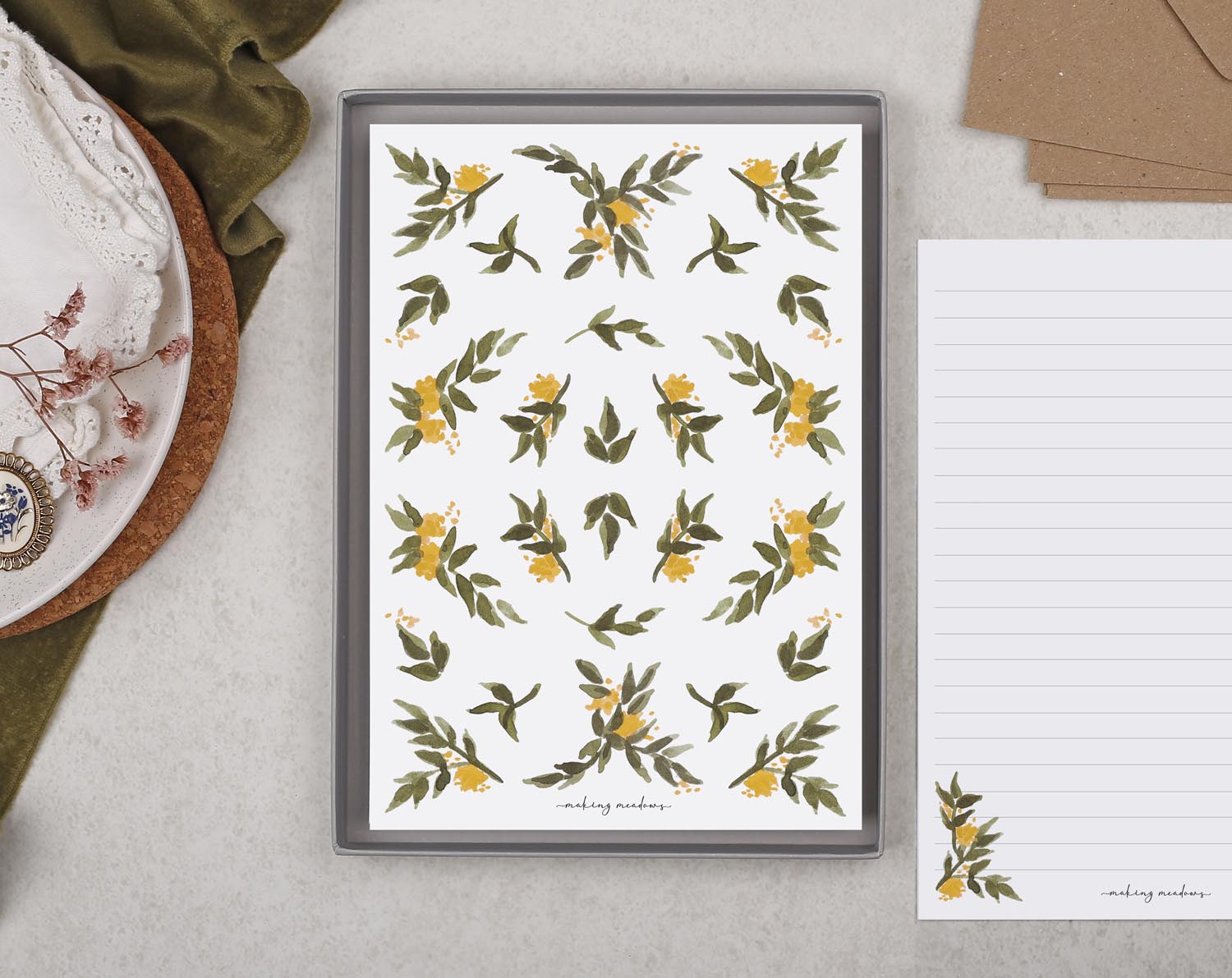 Double Sided A5 Writing Paper With Yellow Flowers. Stationery designed by Making Meadows
