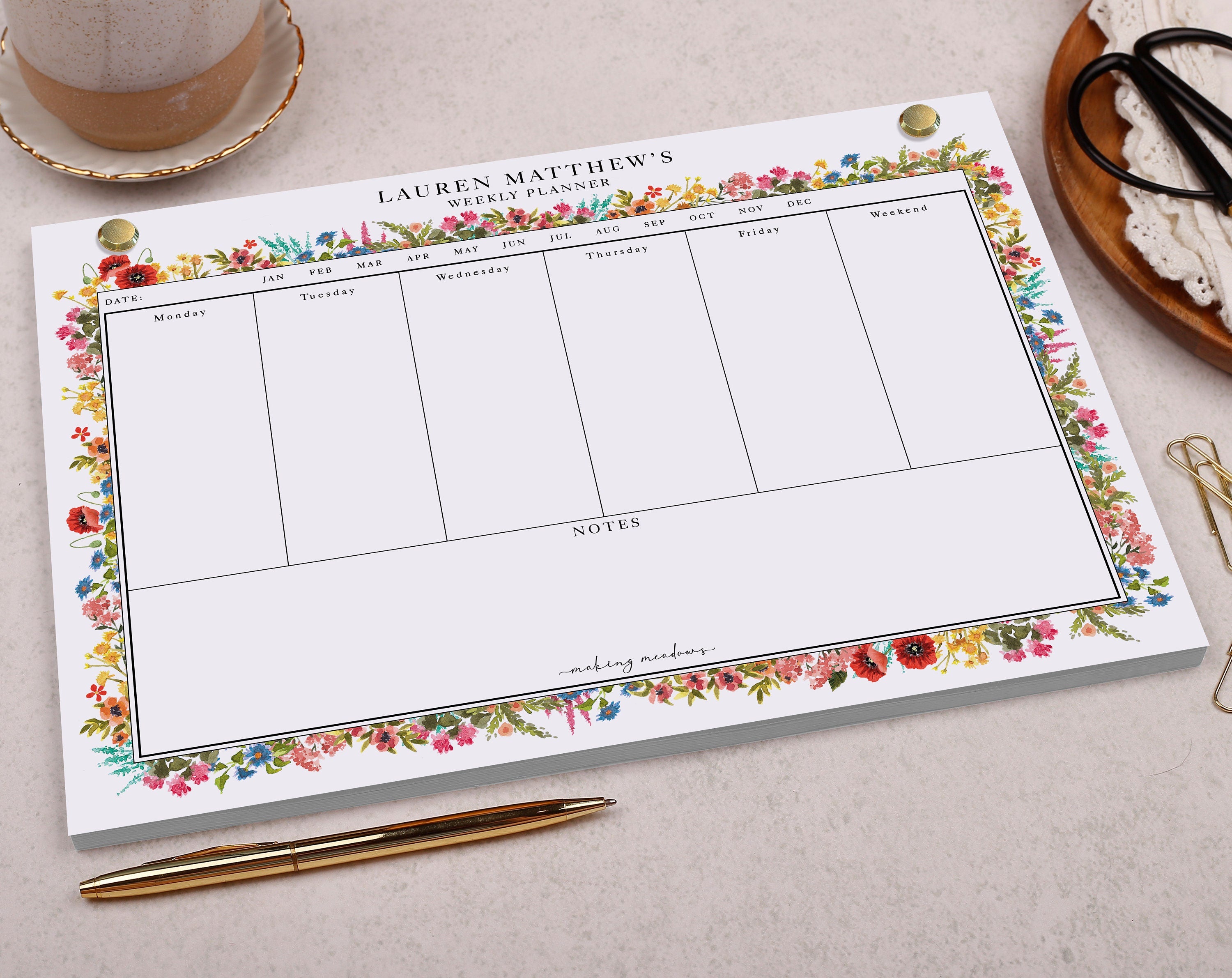 Floral Personalised Weekly Planner Pad. Planners designed by Making Meadows