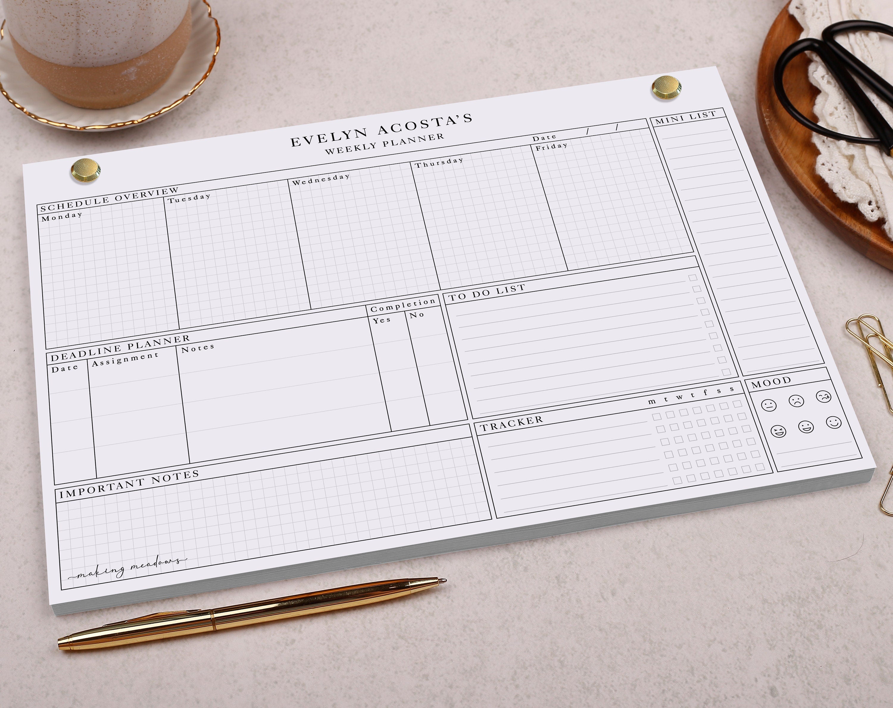 Habit Tracker Personalised Weekly Planner Pad. Planners designed by Making Meadows