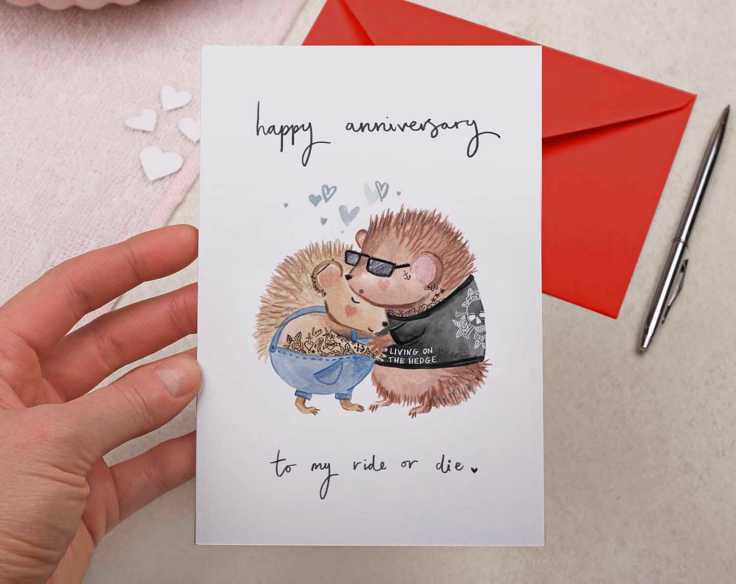 Hedgehog Ride or Die Anniversary Card. Greeting Cards designed by Making Meadows
