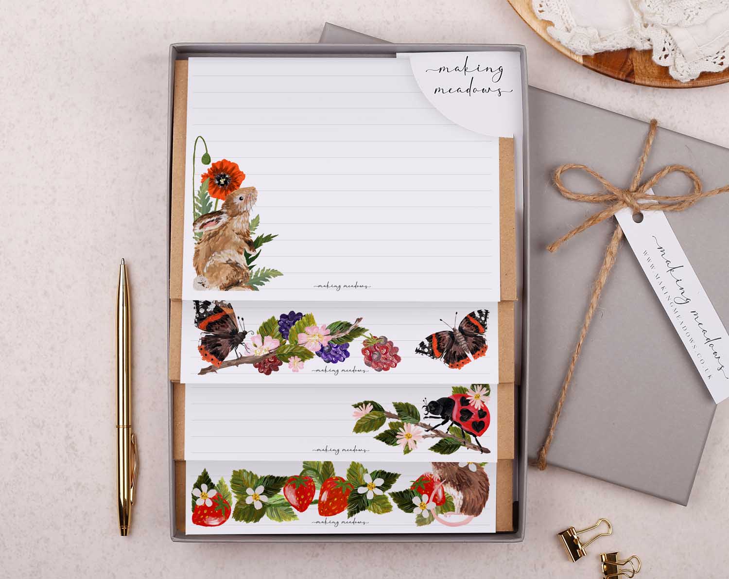 Hedgerow Animals Writing Paper Gift Box. Stationery designed by Making Meadows