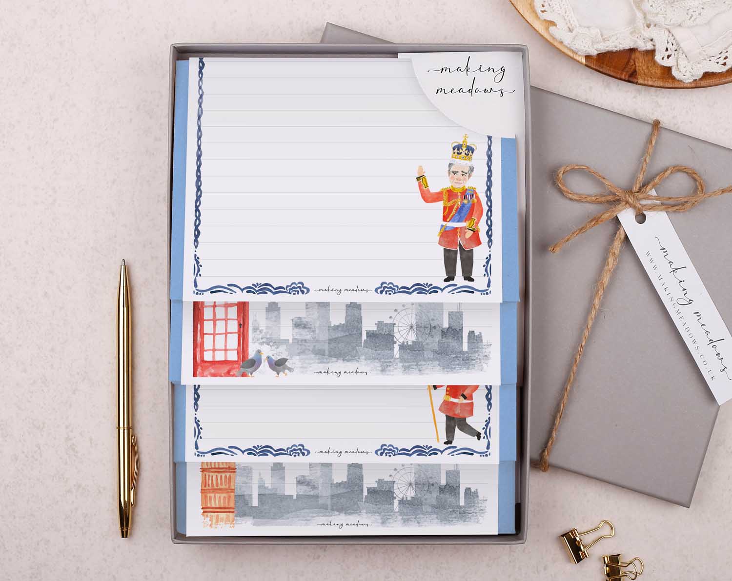 King Charles III Coronation Writing Paper Gift Box. Stationery designed by Making Meadows