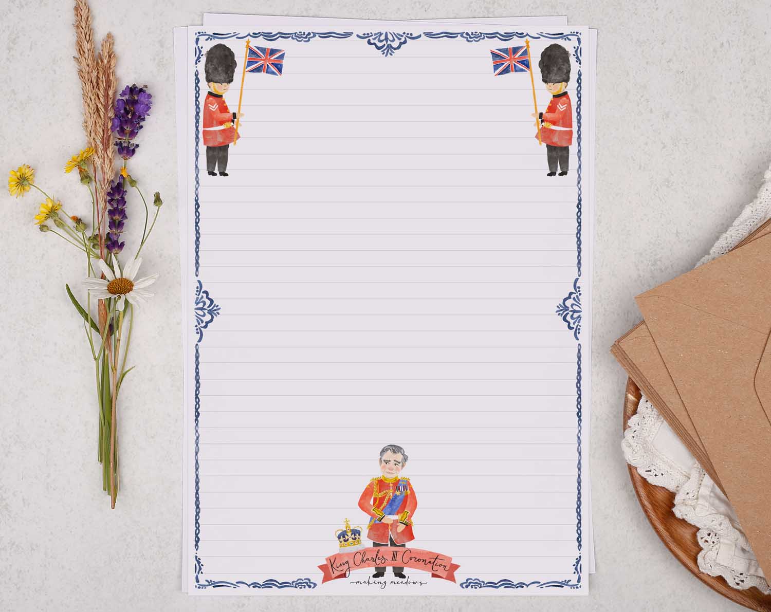 A4 letter writing paper sheets with a King Charles III Coronation border around the letter paper edge.