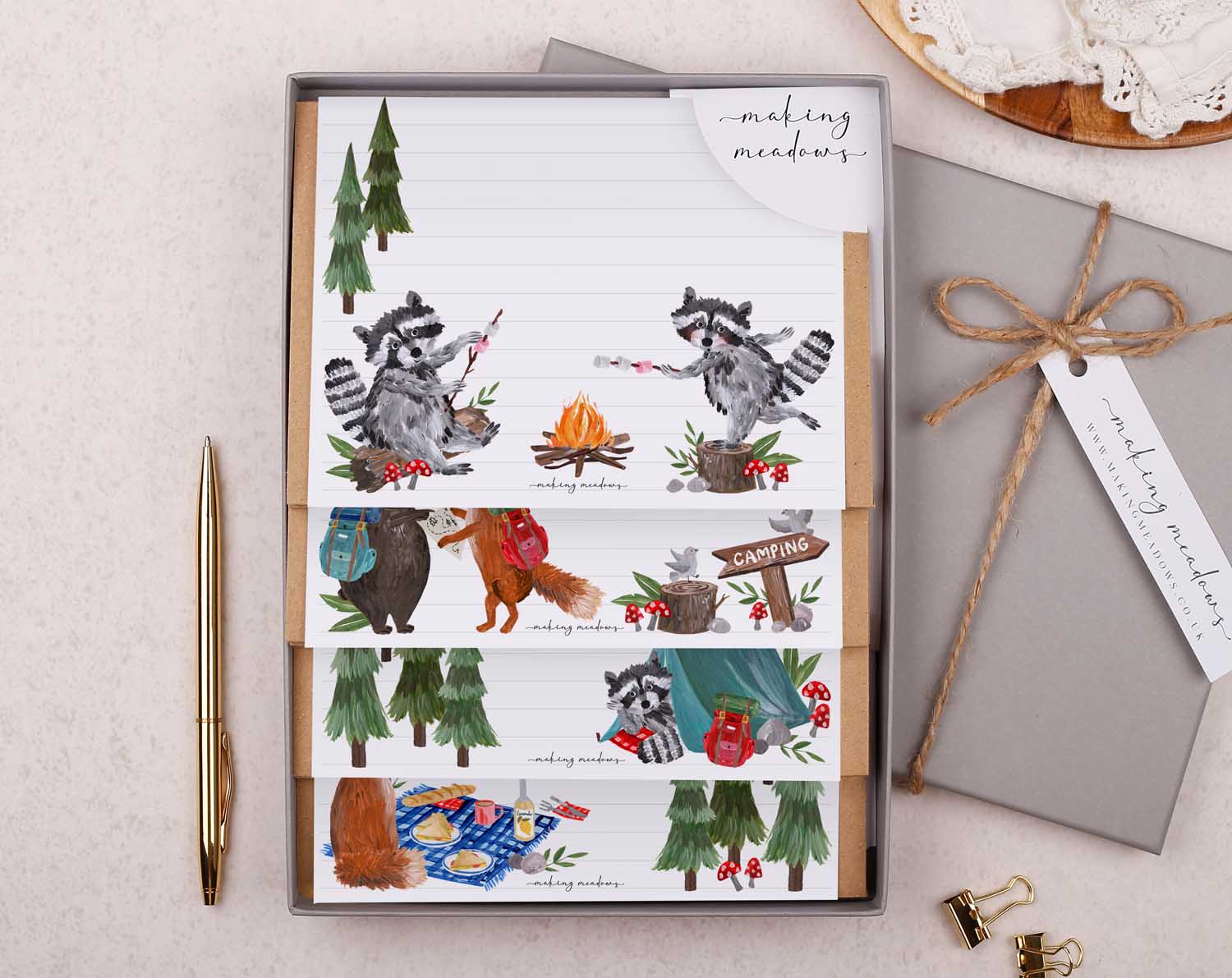 32 sheets of children's camping animal design writing paper in a gift box set.