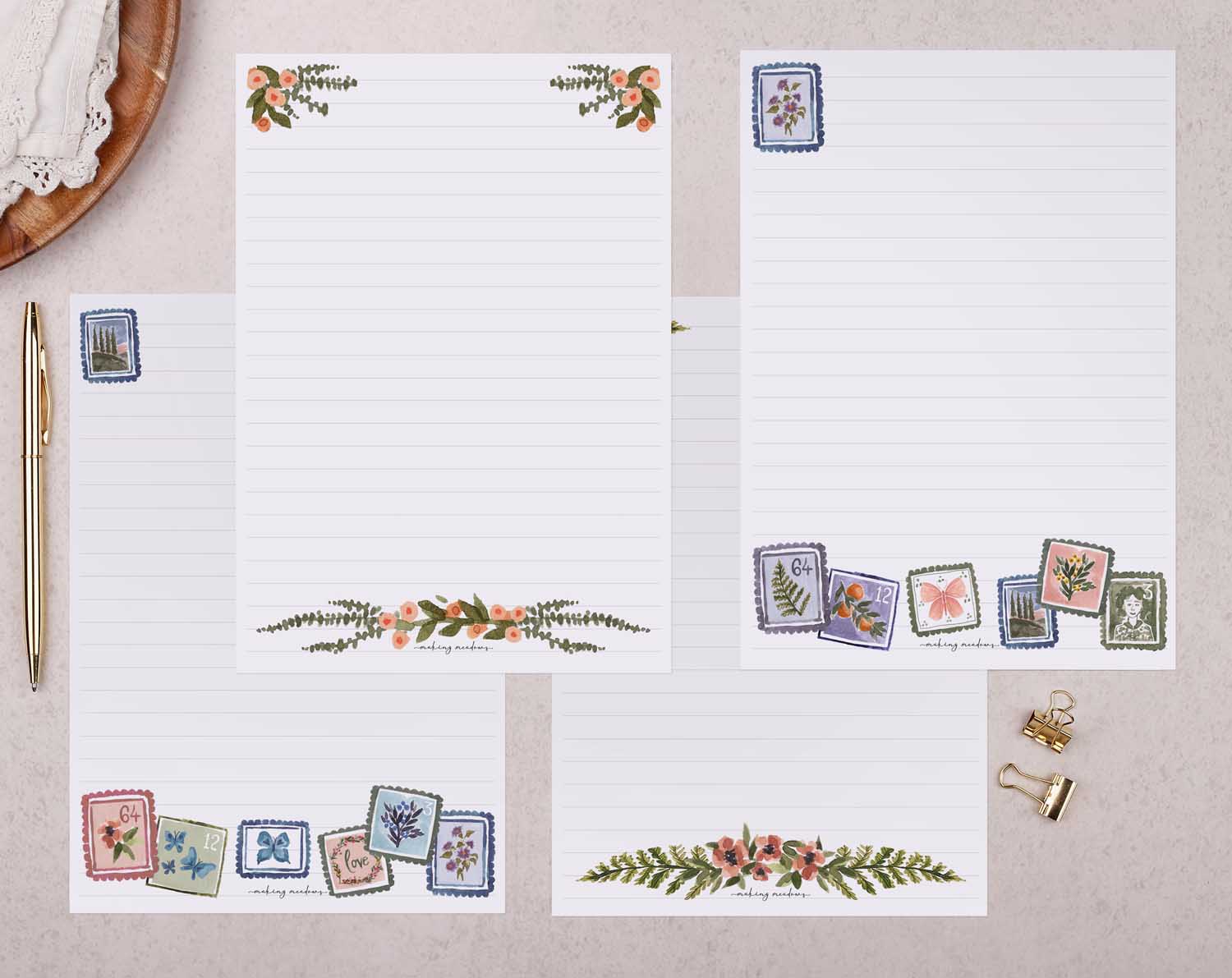 32 sheets of floral stamp design writing paper in a gift box set.