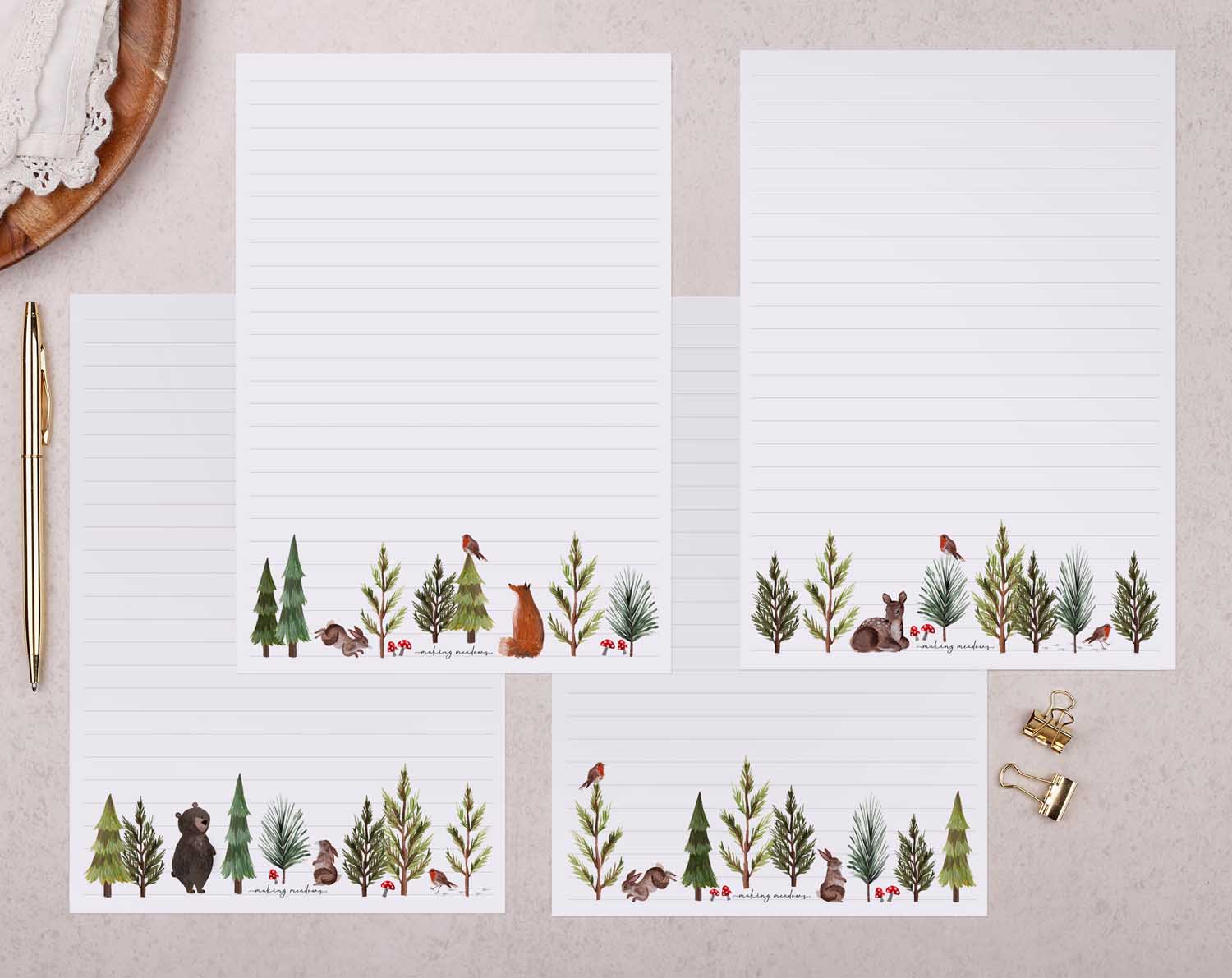 32 sheets of woodland forest animals design writing paper in a gift box set
