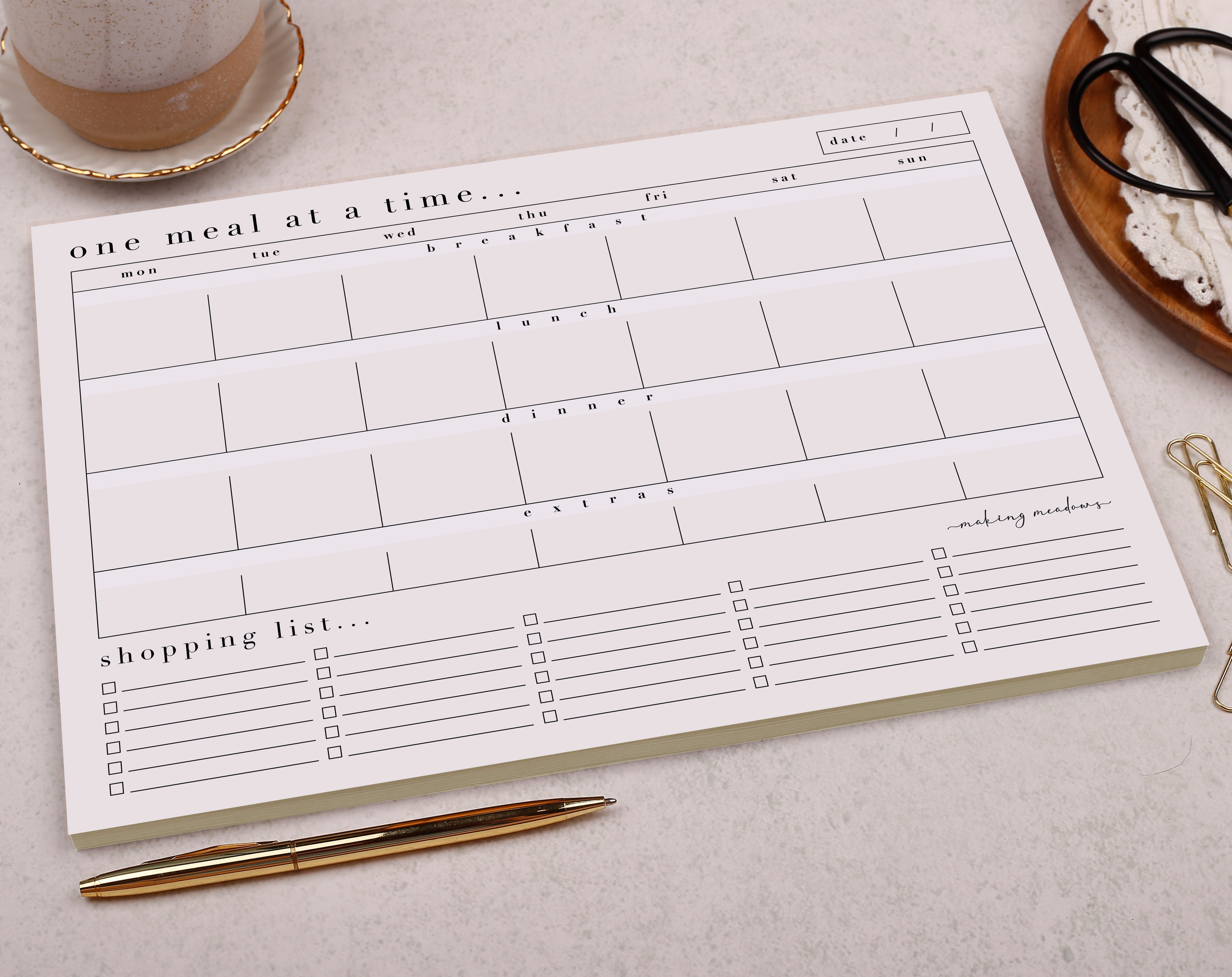Light Pink Weekly Meal Planner Pad. Desk Pads & Blotters designed by Making Meadows