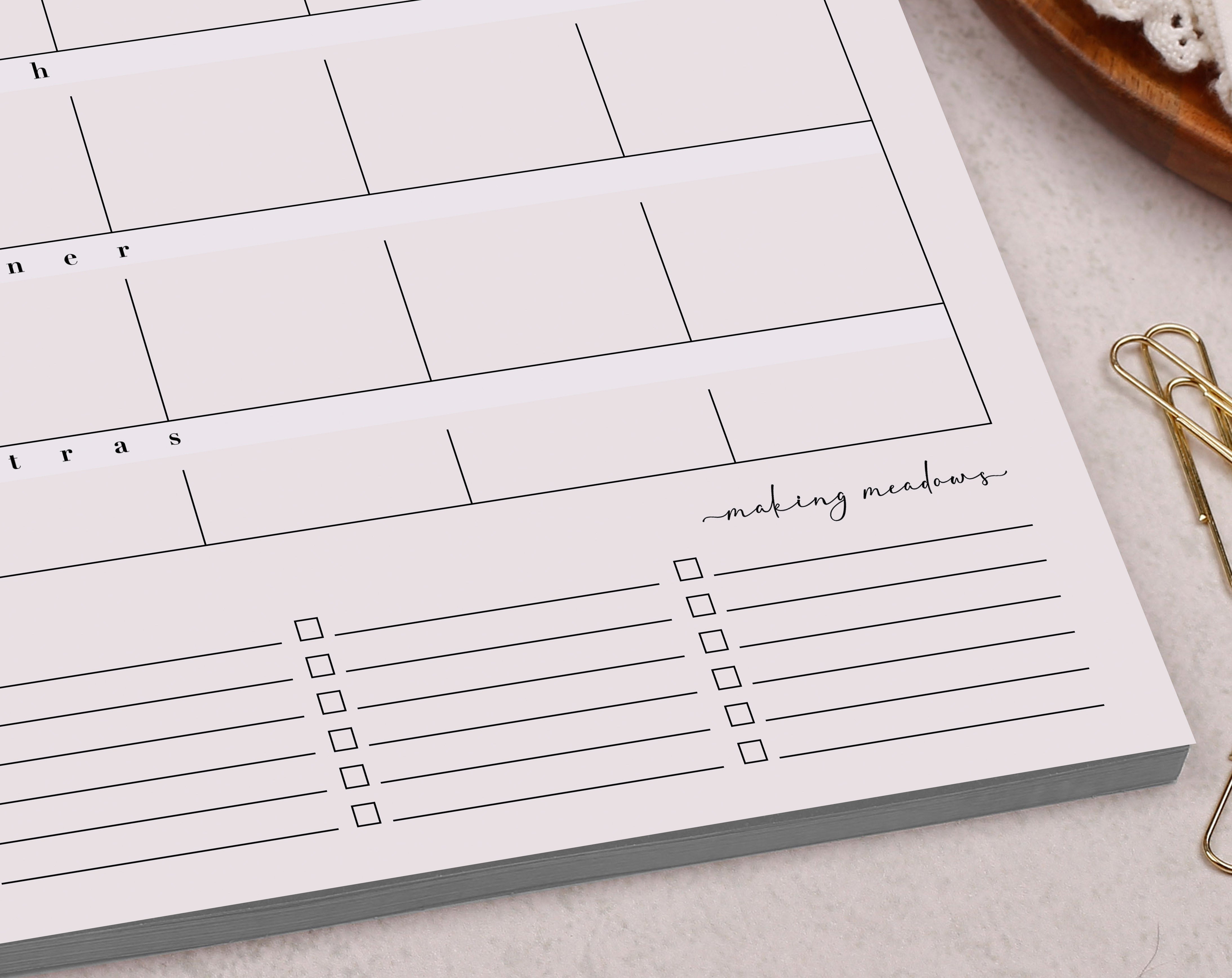 Light Pink Weekly Meal Planner Pad. Desk Pads & Blotters designed by Making Meadows