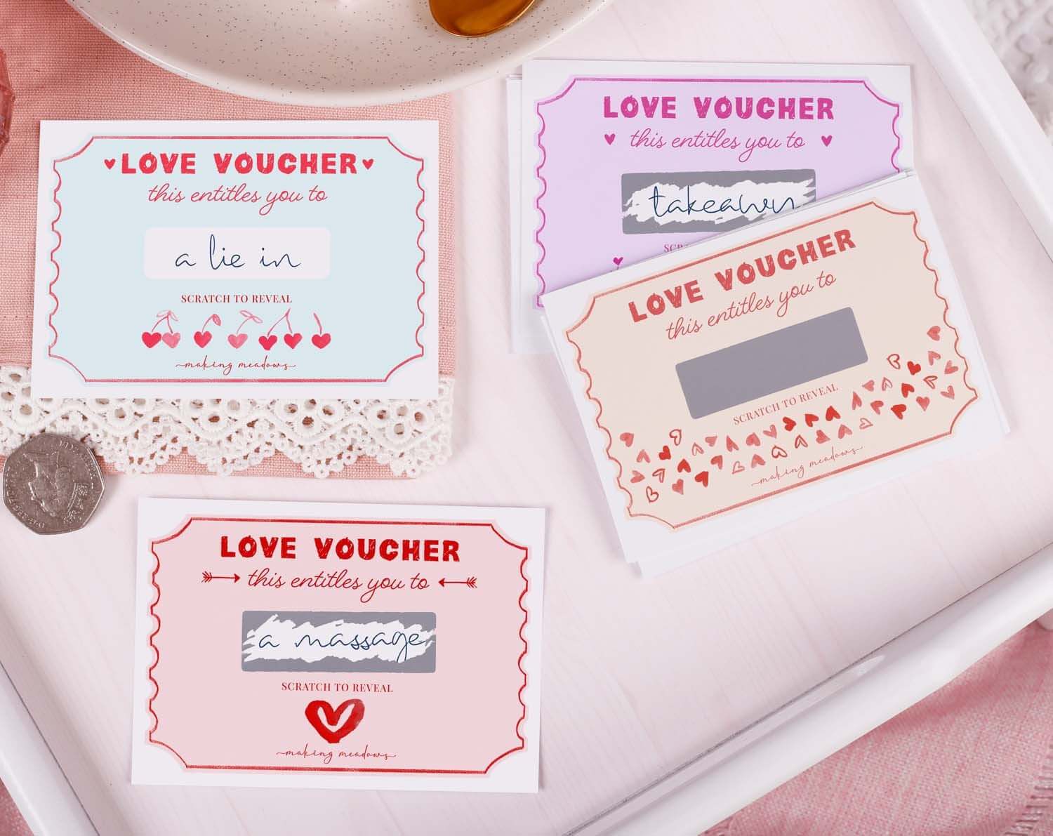 Love Vouchers With Scratch Off Surprise. Stationery designed by Making Meadows