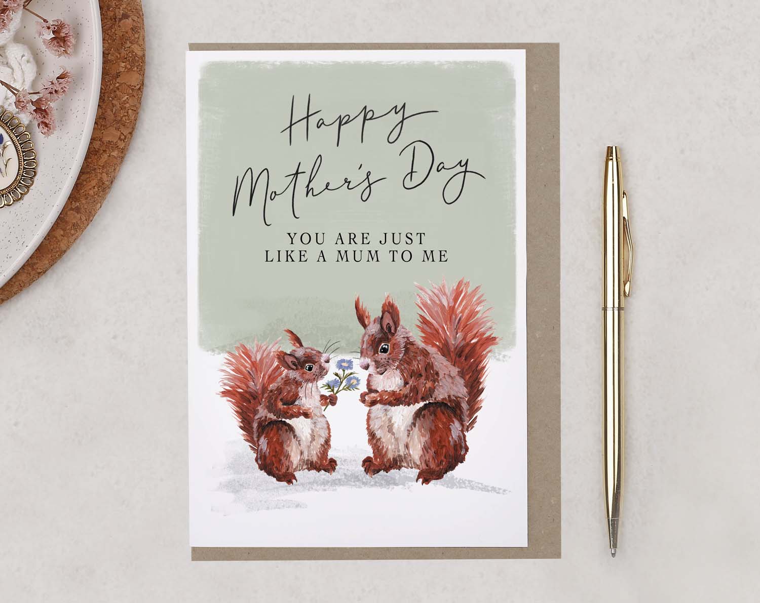 A sentimental Squirrel 'Like A Mum' Happy Mother's Day Card with a pair of adorable red squirrels