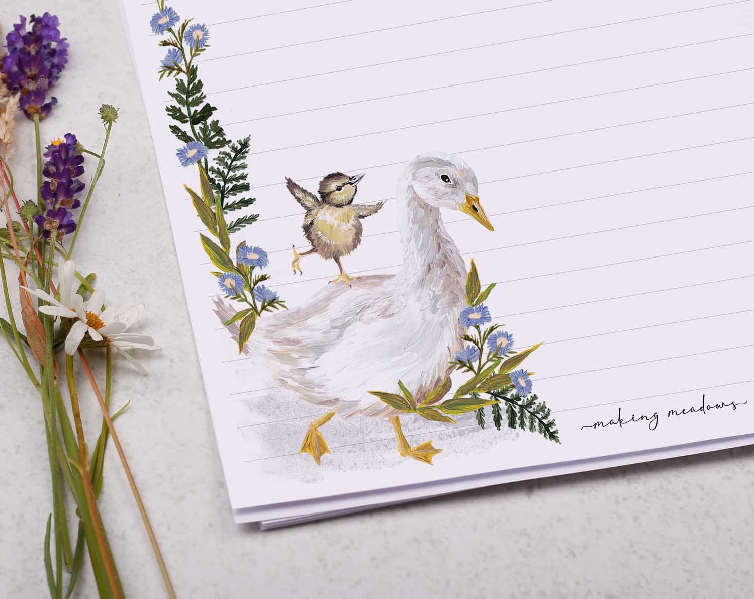 A4 letter writing paper sheets with a cute farmyard goose and baby duck. The birds are complimented by a delicate blue floral watercolour border cascading around the letter paper edge.