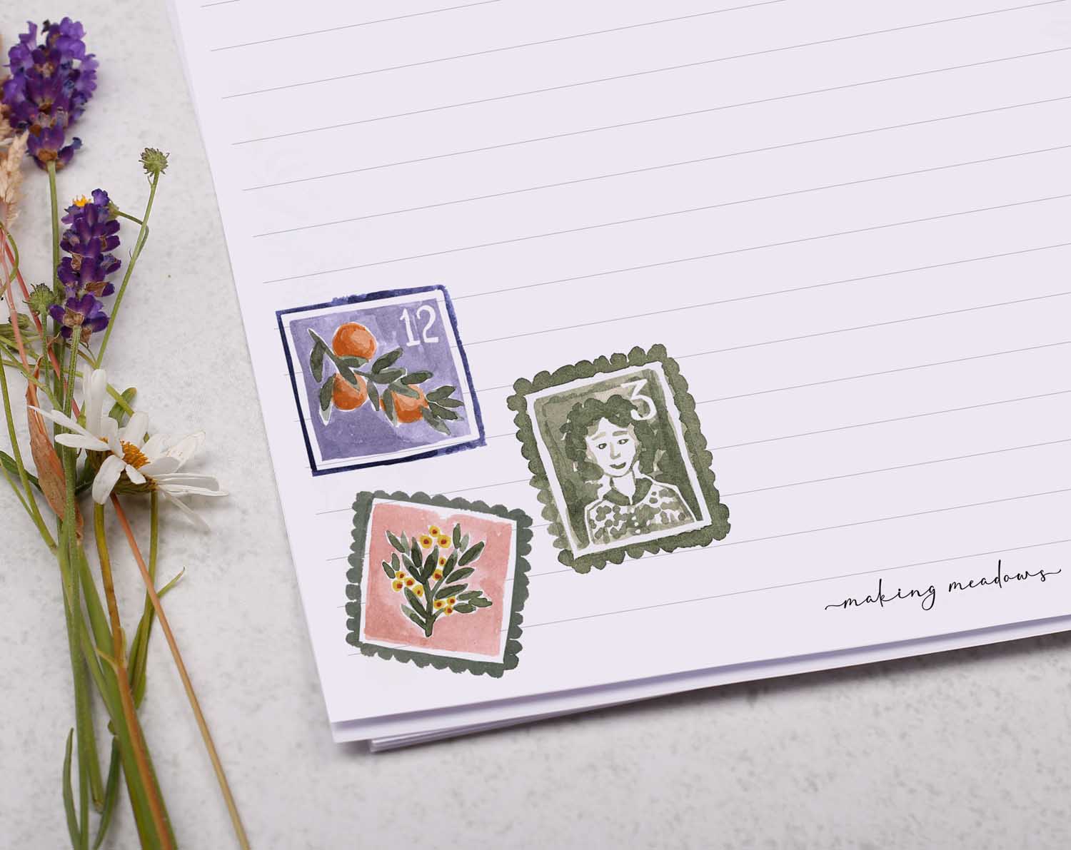 A4 letter writing paper sheets with a pretty scattering of floral postage stamps. The delicate floral watercolour stamp designs cascade around the letter paper edge.
