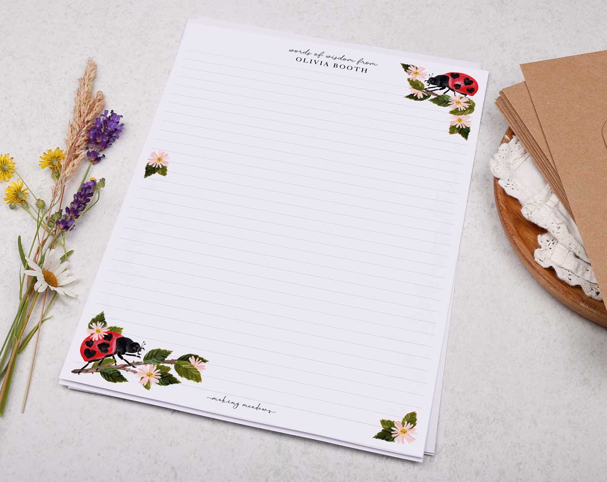 Personalised A4 Writing Paper With Ladybird Border. Stationery designed by Making Meadows