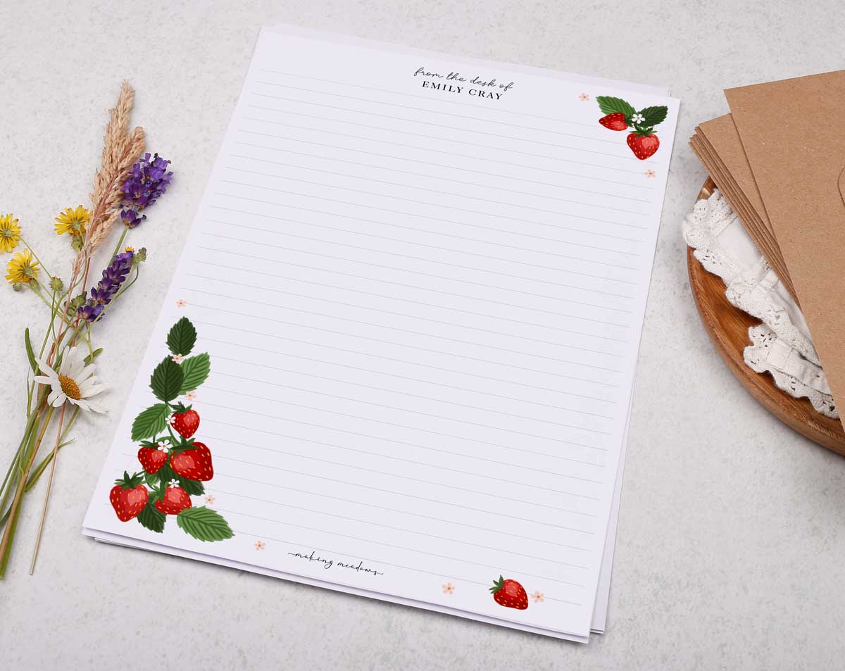 Personalised A4 Writing Paper With Strawberry Border. Stationery designed by Making Meadows