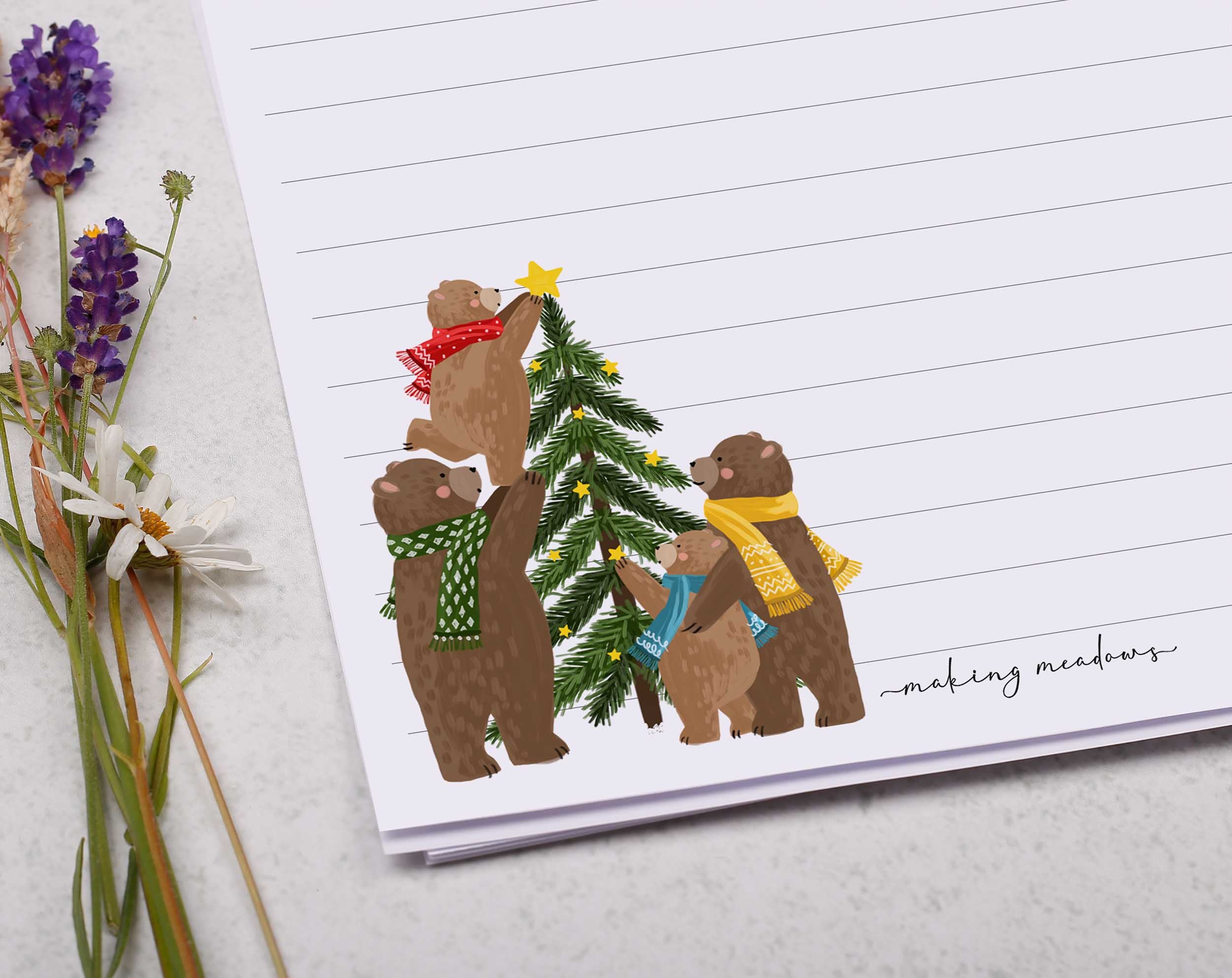 Personalised A5 Christmas writing paper with Bears. Stationery designed by Making Meadows