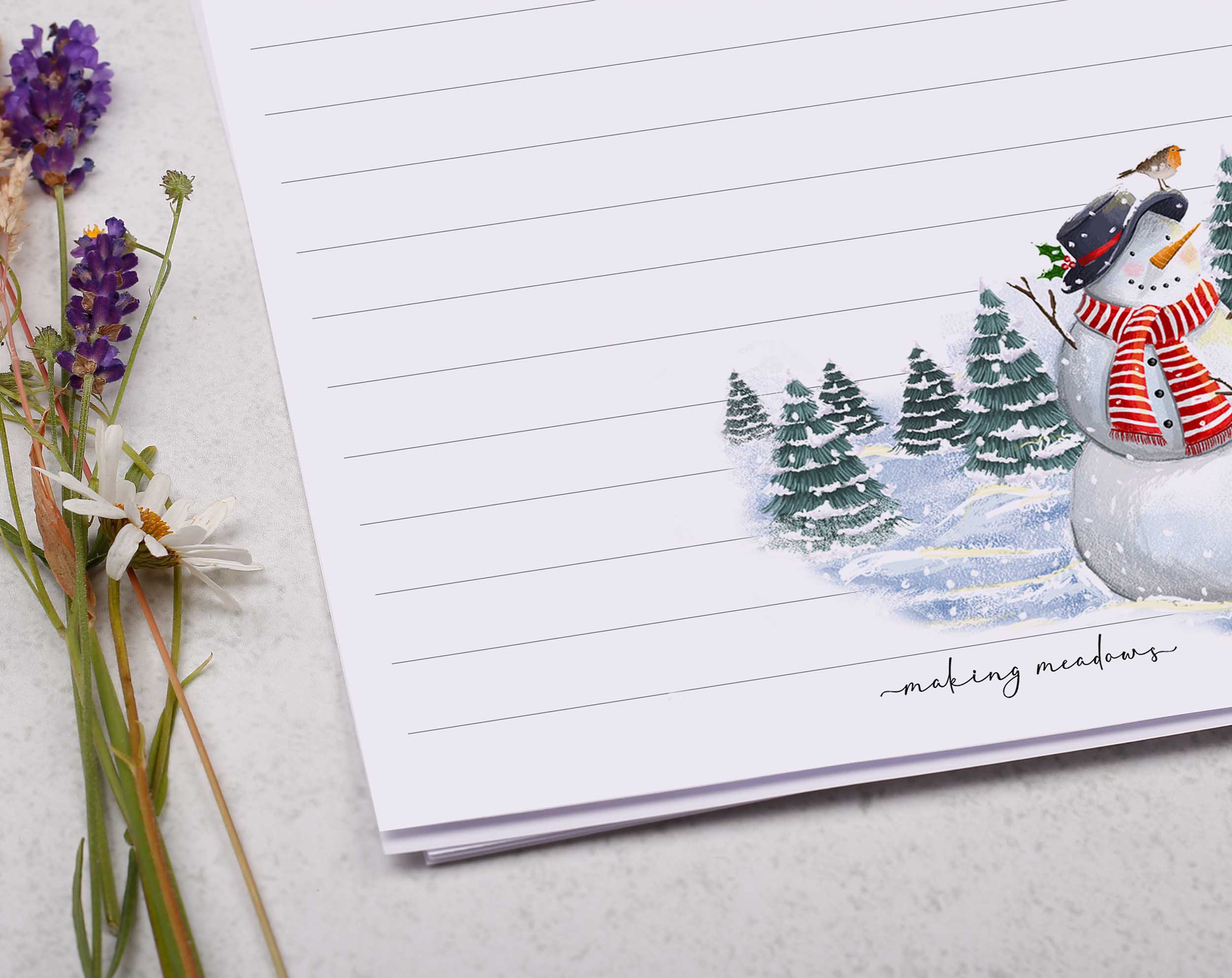 Personalised A5 Christmas writing paper with Snowman. Stationery designed by Making Meadows