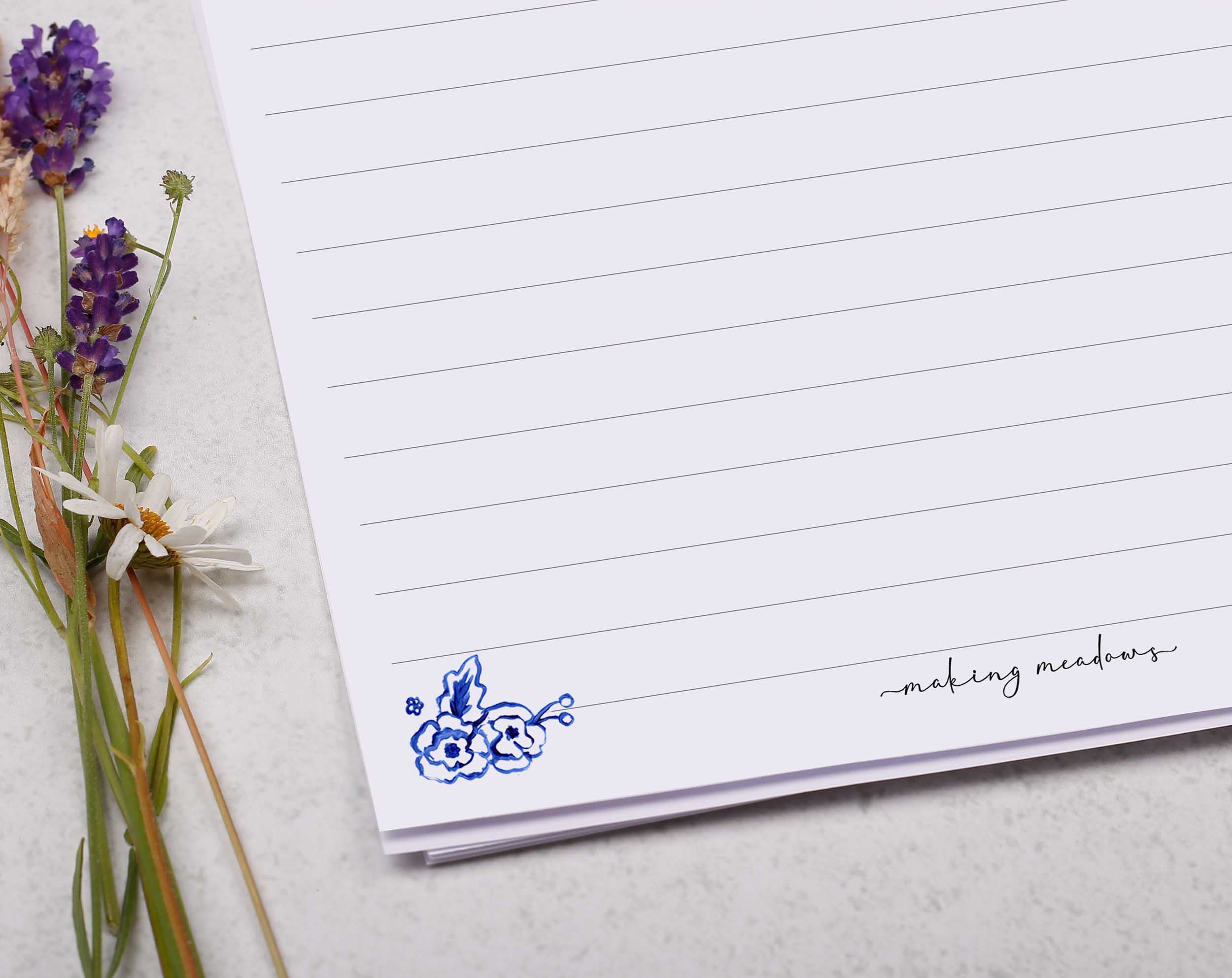 Personalised A5 writing paper with blue Japanese flowers. Stationery designed by Making Meadows