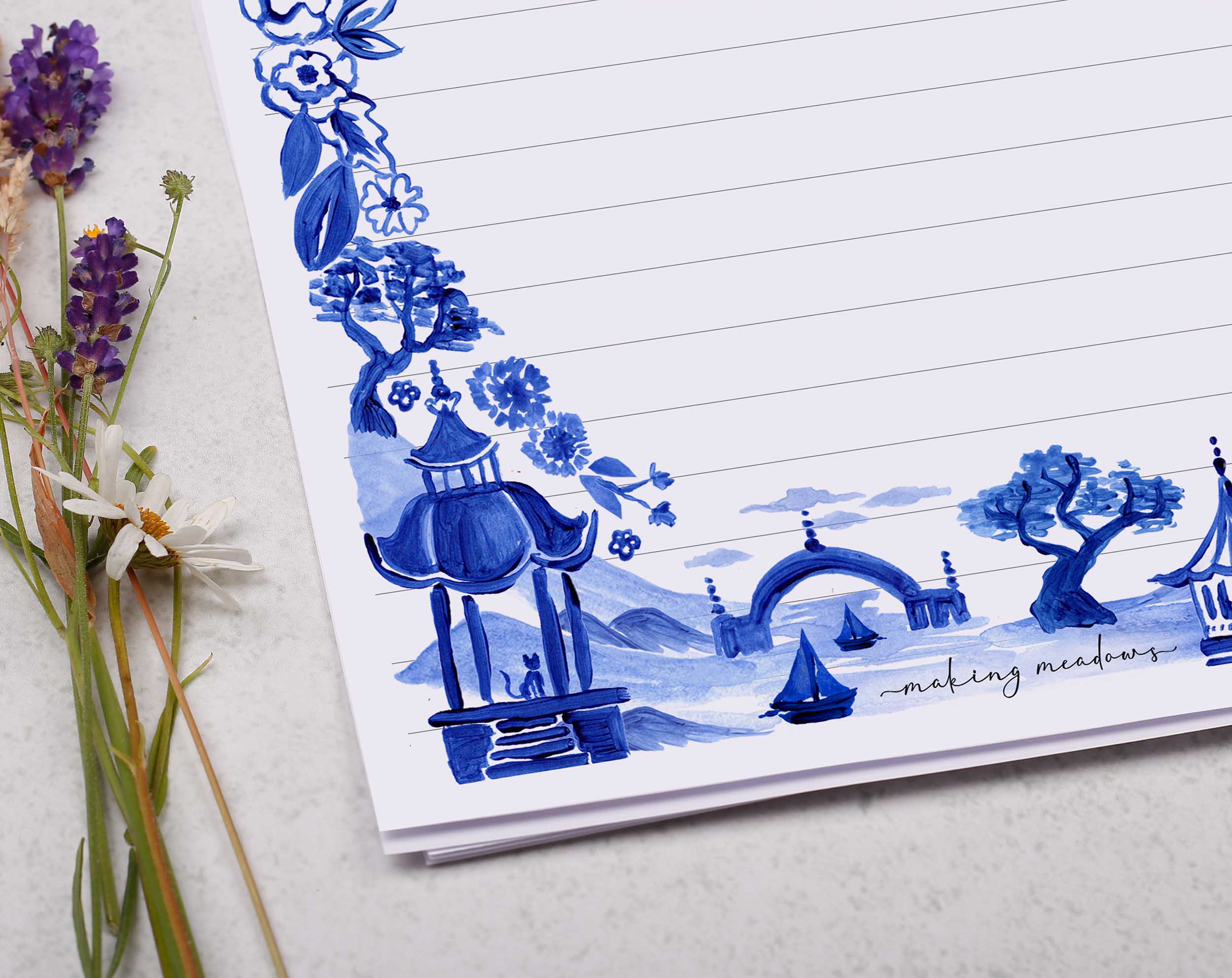 Personalised A5 writing paper with blue Japanese landscape. Stationery designed by Making Meadows