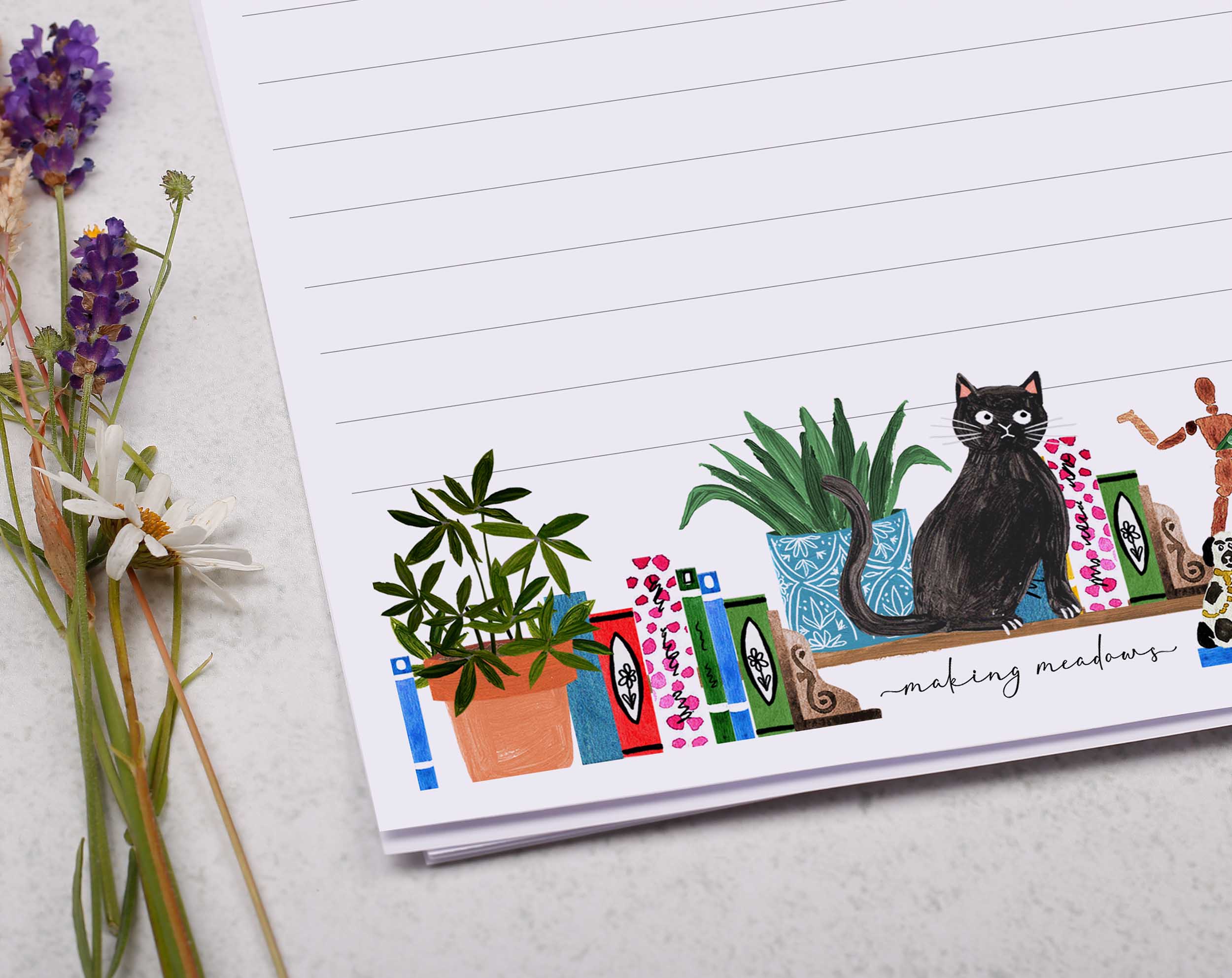 Personalised A5 writing paper with bookshelf & cat. Stationery designed by Making Meadows
