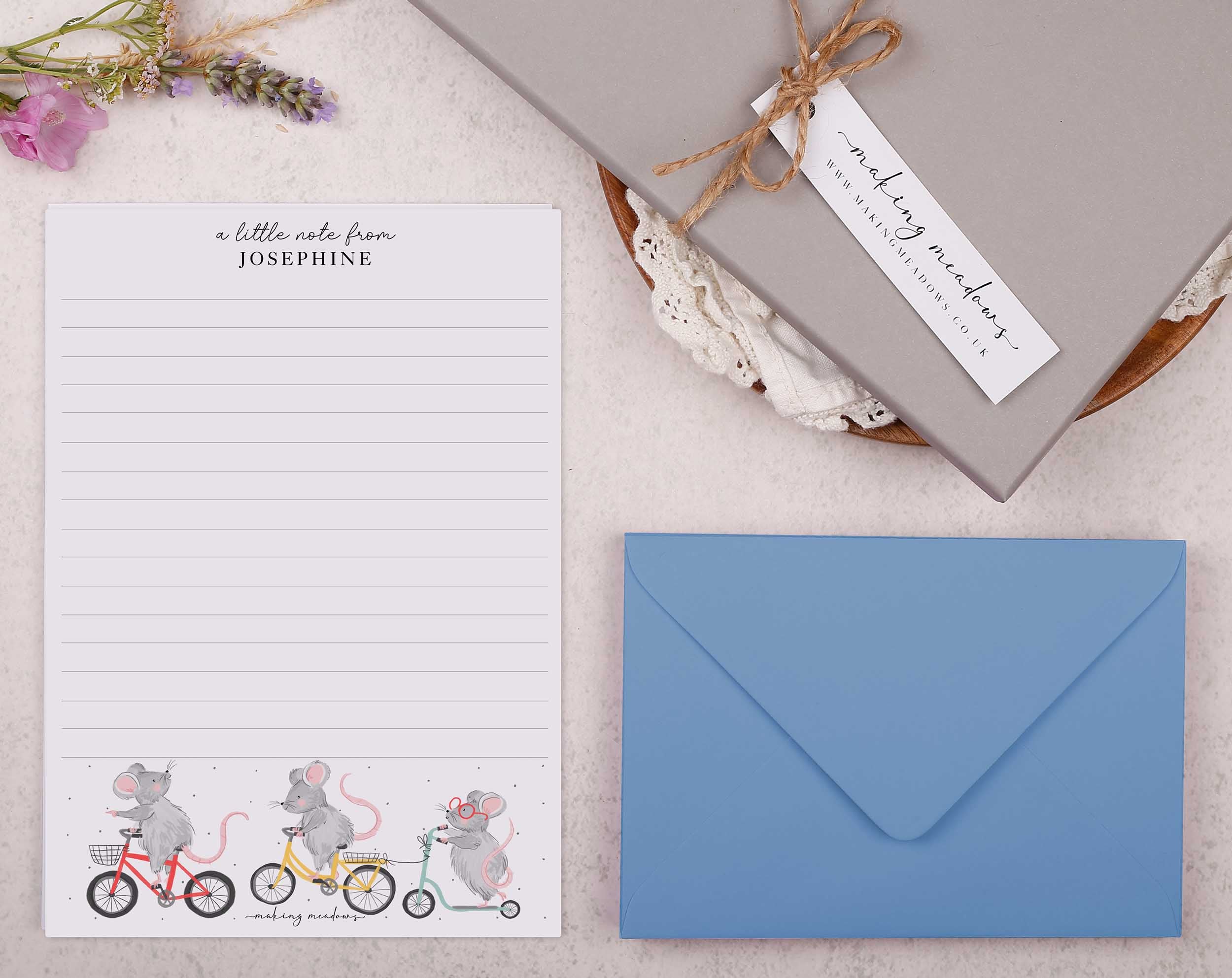 Personalised A5 writing paper with cycling mice. Stationery designed by Making Meadows