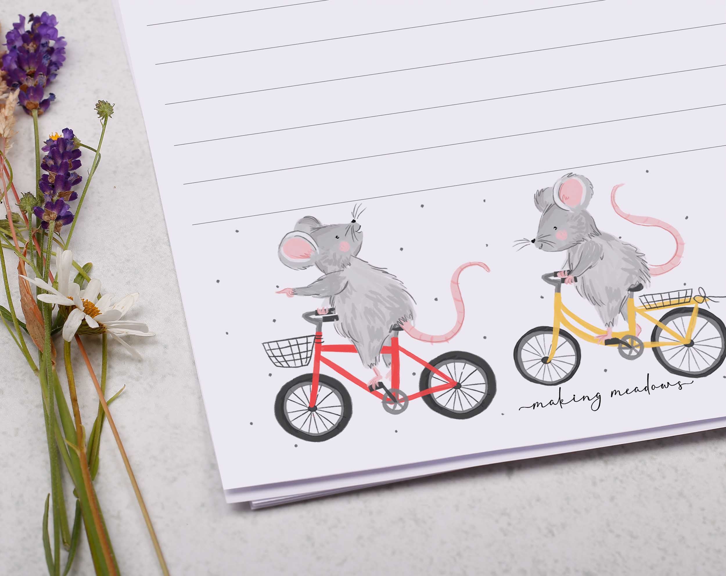 Personalised A5 writing paper with cycling mice. Stationery designed by Making Meadows