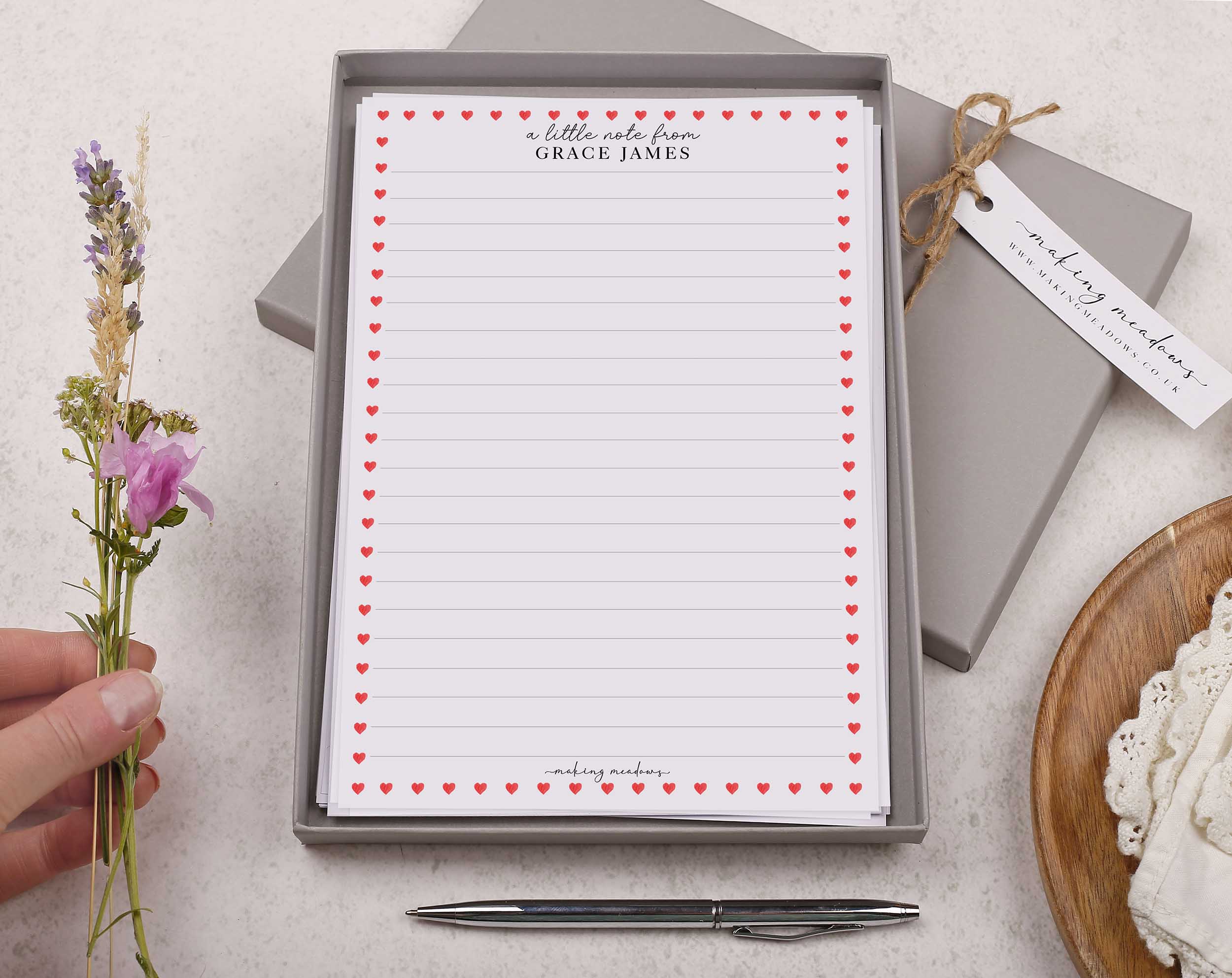 Personalised A5 writing paper with ditsy heart border. Stationery designed by Making Meadows