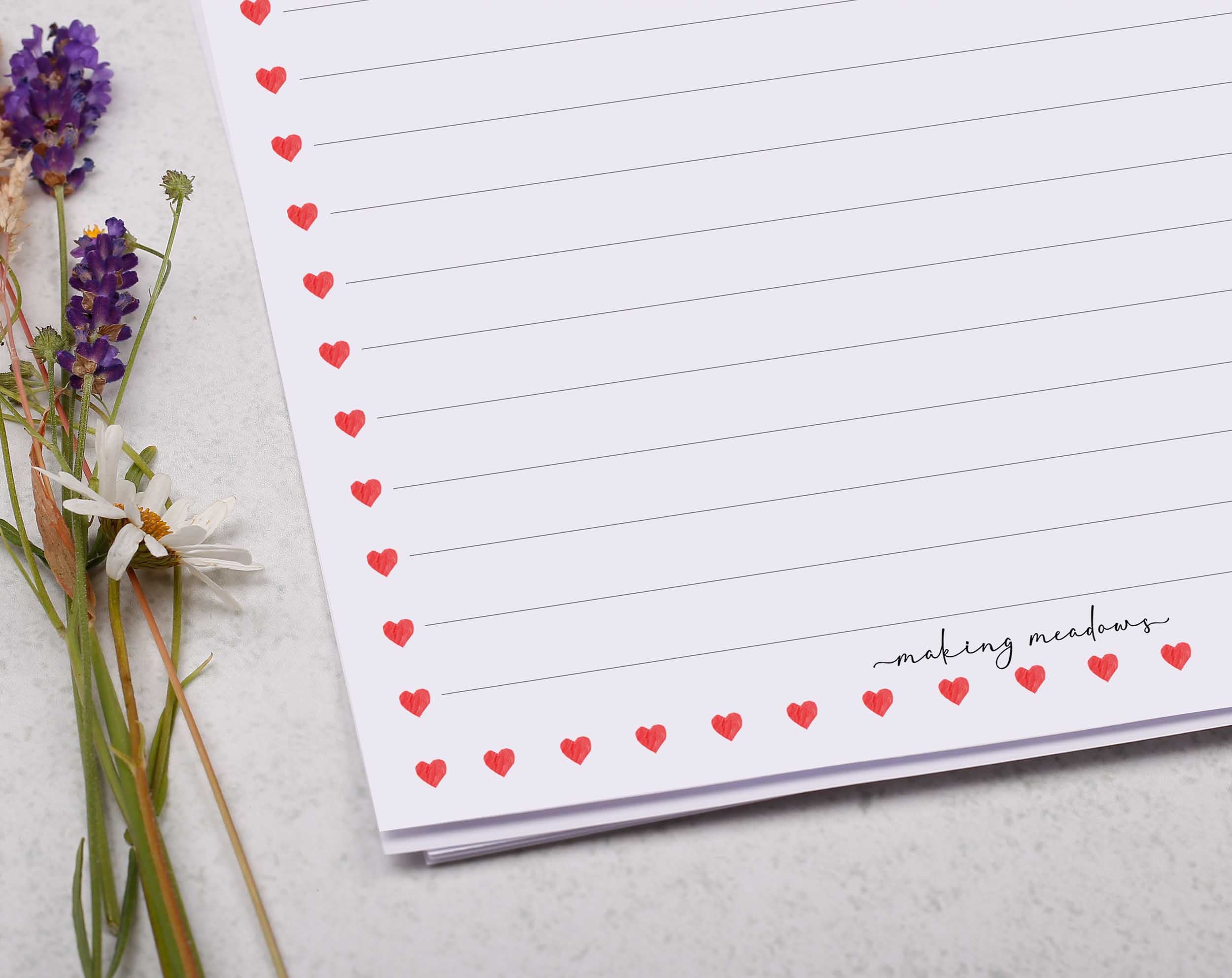 Personalised A5 writing paper with ditsy heart border. Stationery designed by Making Meadows