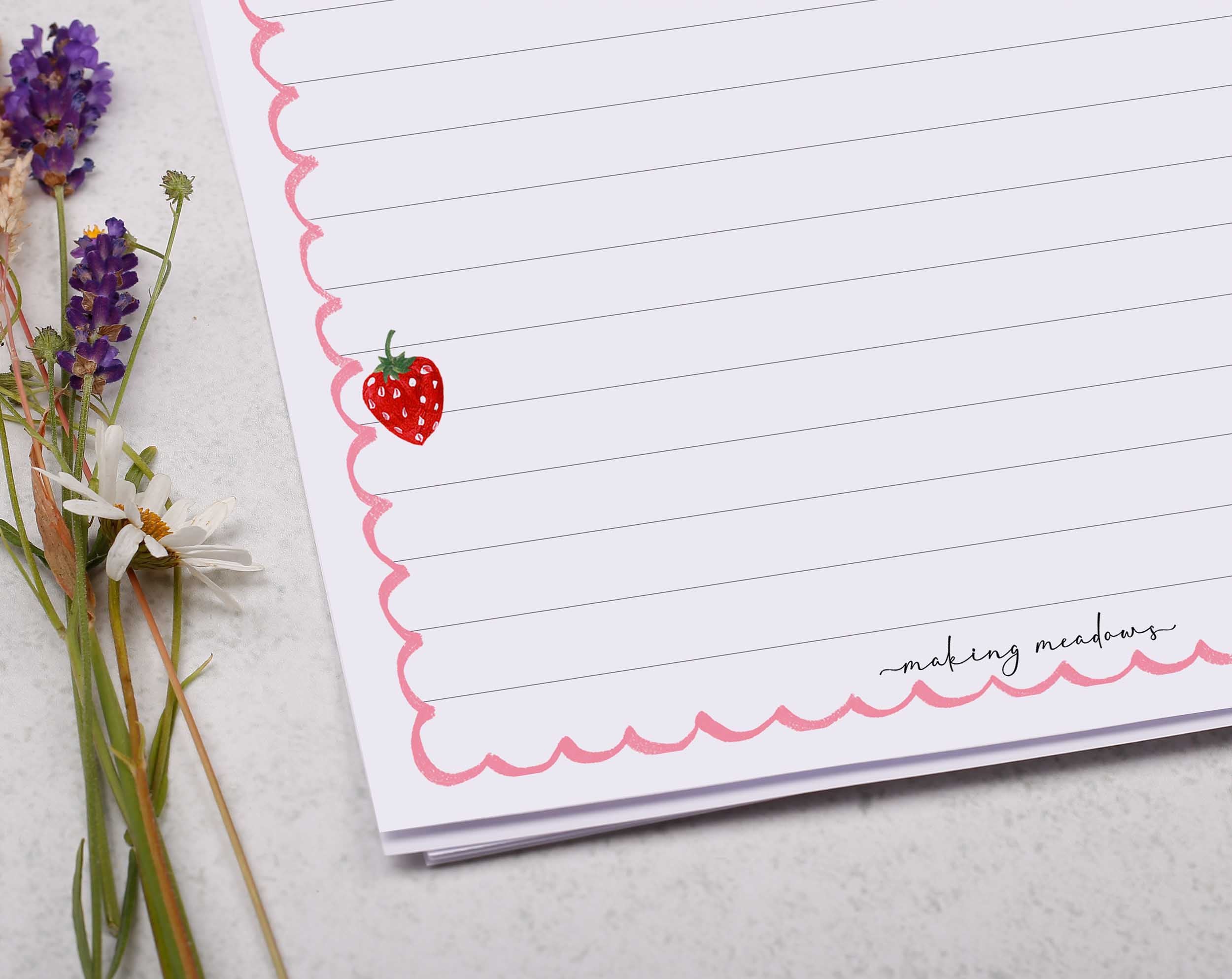 Personalised A5 writing paper with french strawberries. Stationery designed by Making Meadows