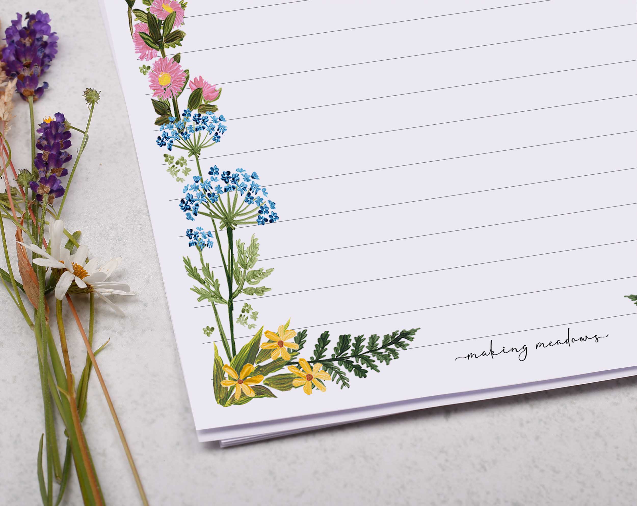 Personalised A5 writing paper with meadow flowers. Stationery designed by Making Meadows
